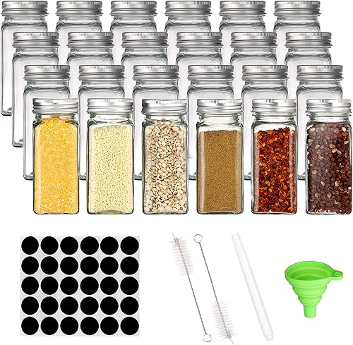 Paquete de 30 botellas de vidrio para especias de 6 onzas, recipientes cuadrados vacíos con tapas de metal herméticas plateadas y tapa para