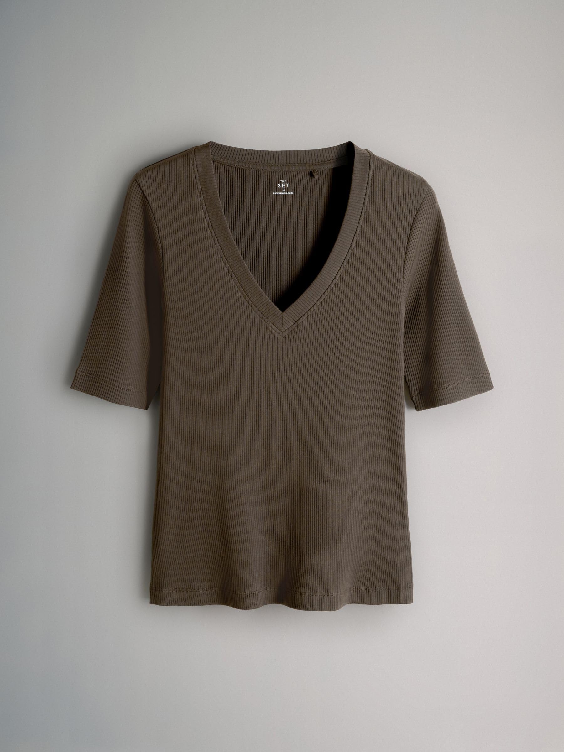 THE SET Femme T-Shirt côtelé à col V et Manches Courtes, Lot de 5