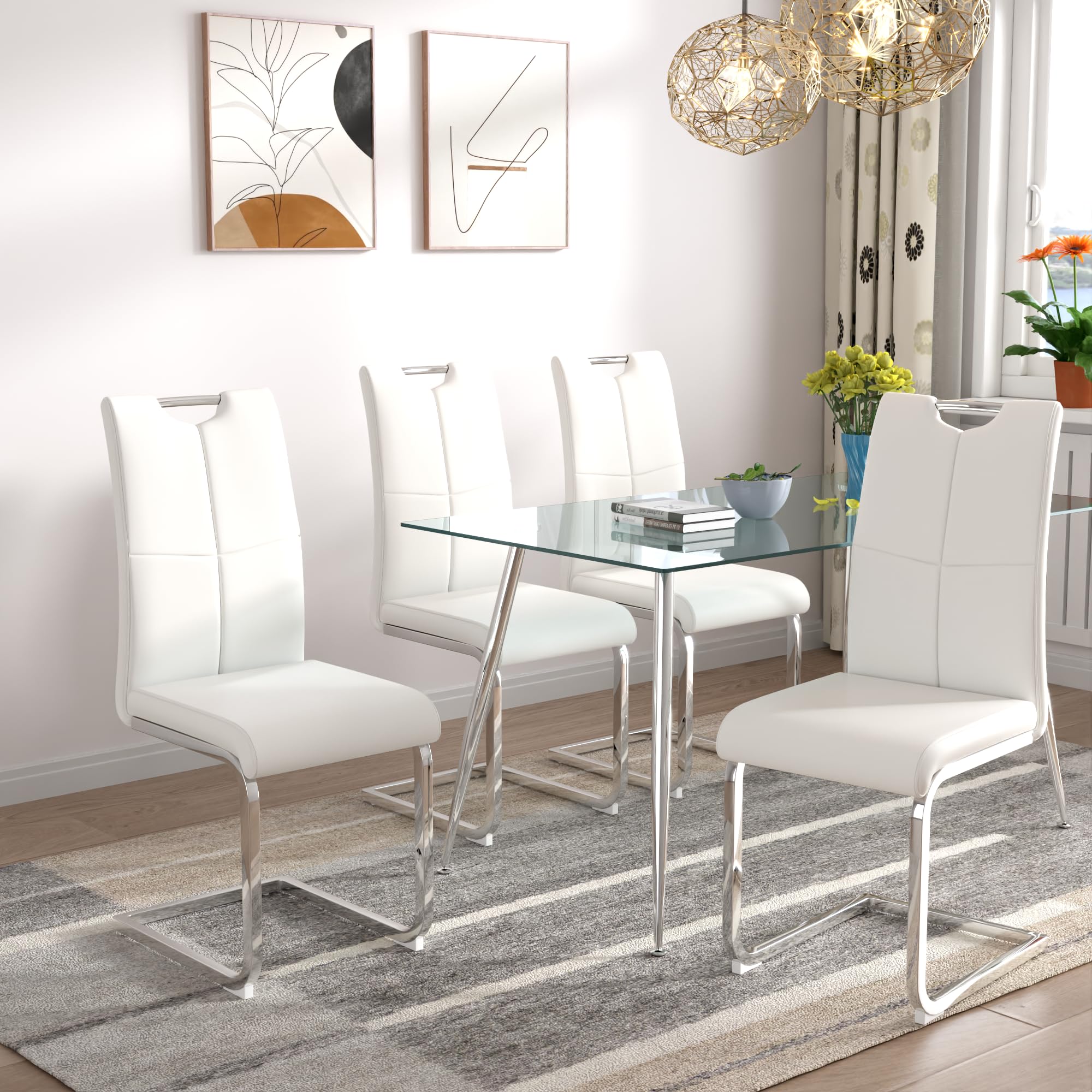 KATBOC Modern Dining Chairs Set of 4 PU Faux Leather High Back Upholstered Chairs with Silver Metal Legs for Kitchen Dining Room, White