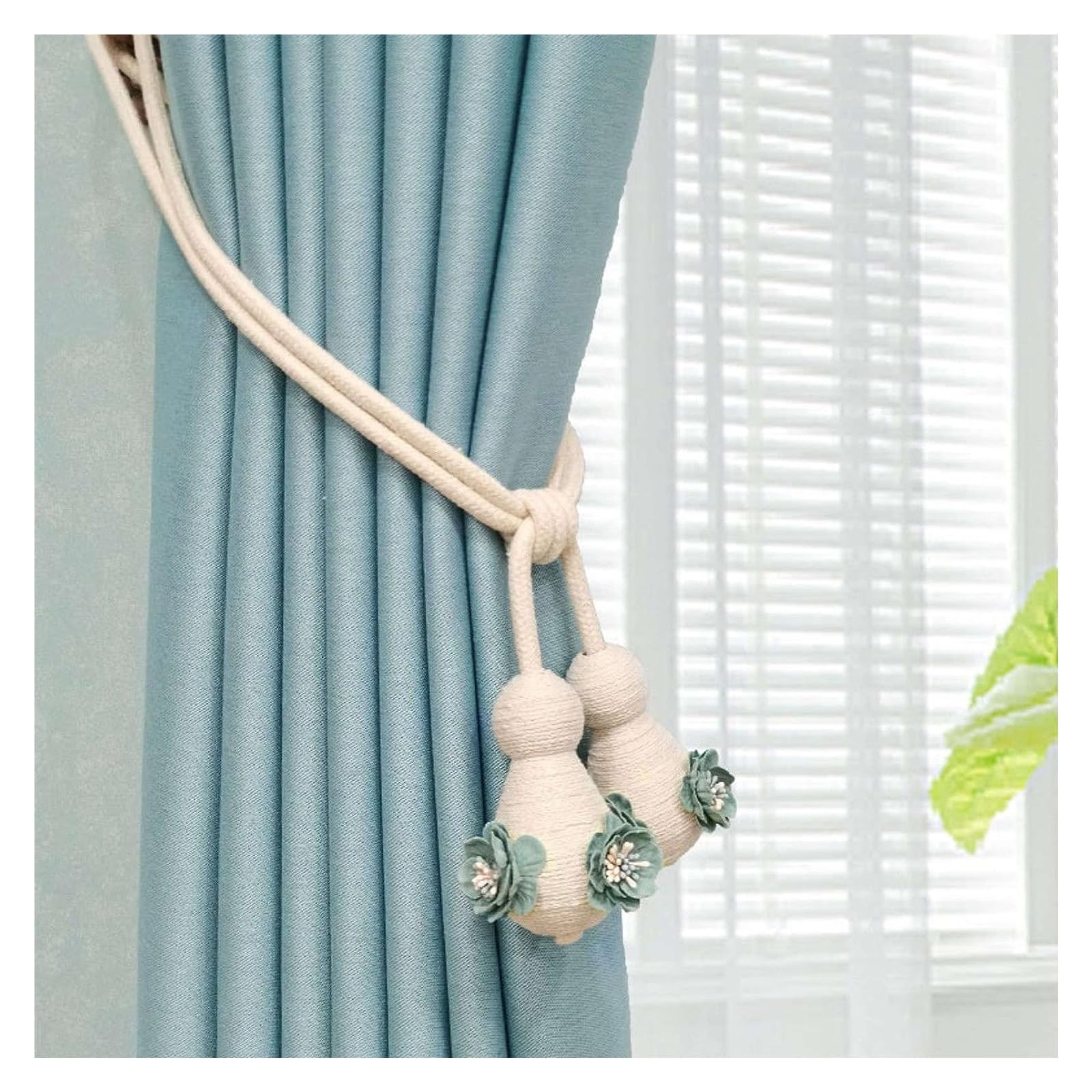 Embrasses à Rideaux en Corde Tissée à Pompon, 2 Pièces Embrasses à Rideaux Décoratives Faites À La Main Embrasses à Drapé, Corde Tissée en Coton Simple avec Boule Suspendue à Fleurs Attachées, Facil