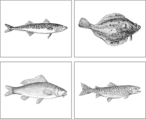 K&L DESIGN CO. Fish Wall Decor - Set of 4-8x10 UNFRAMED Prints - Black & White Fish Wall Art, Nautical Decor, Ocean Art - Gift For Fisherman
