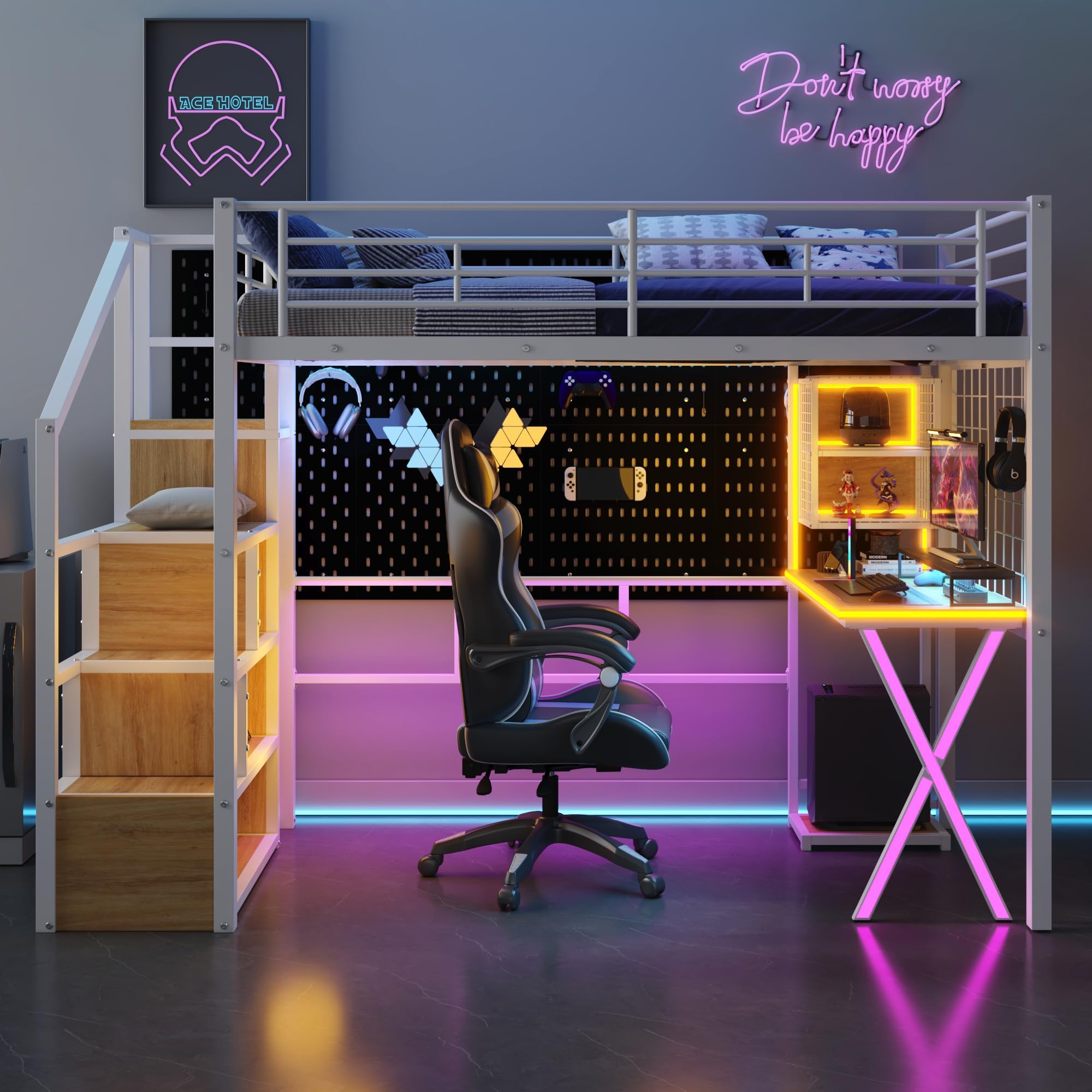 Twin Size Loft Bed with Desk and Storage Stairs,Metal Gaming Twin Loft Bed with LED Lighting, High Loft Bed with Wardrobe and Shelves for Boys,Girls,Teens, Adults,White