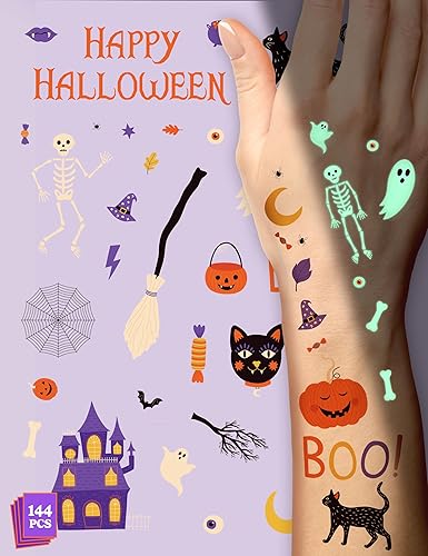 Miniatura 1 de HOUSE OF PARTY Tatuajes temporales de Halloween para niños, paquete de 144, tatuajes que brillan en la oscuridad, calcomanías impermeables no
