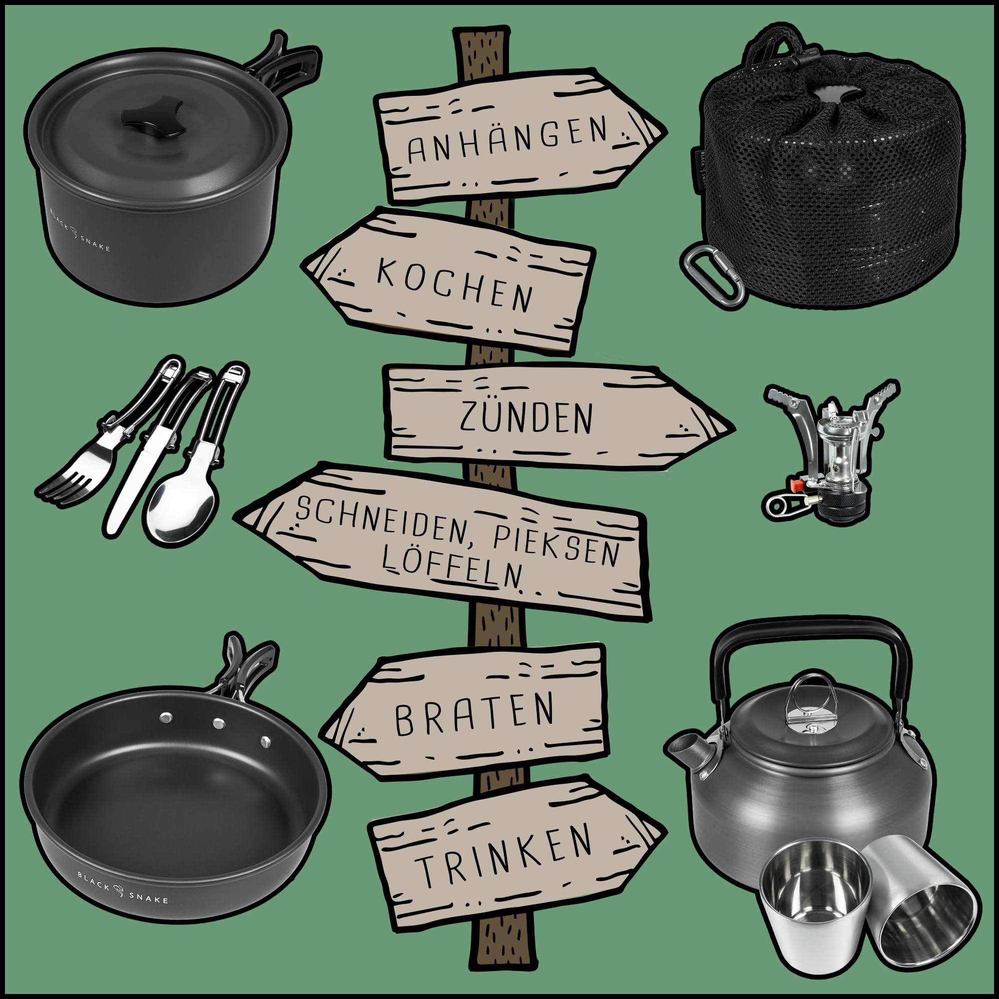 Camping Geschirr Set 10-teilig für 1-2 Personen - Kochgeschirr mit Topf Pfanne Kessel Becher Besteck und Zünder - Outdoor Kochset kompakt & leicht