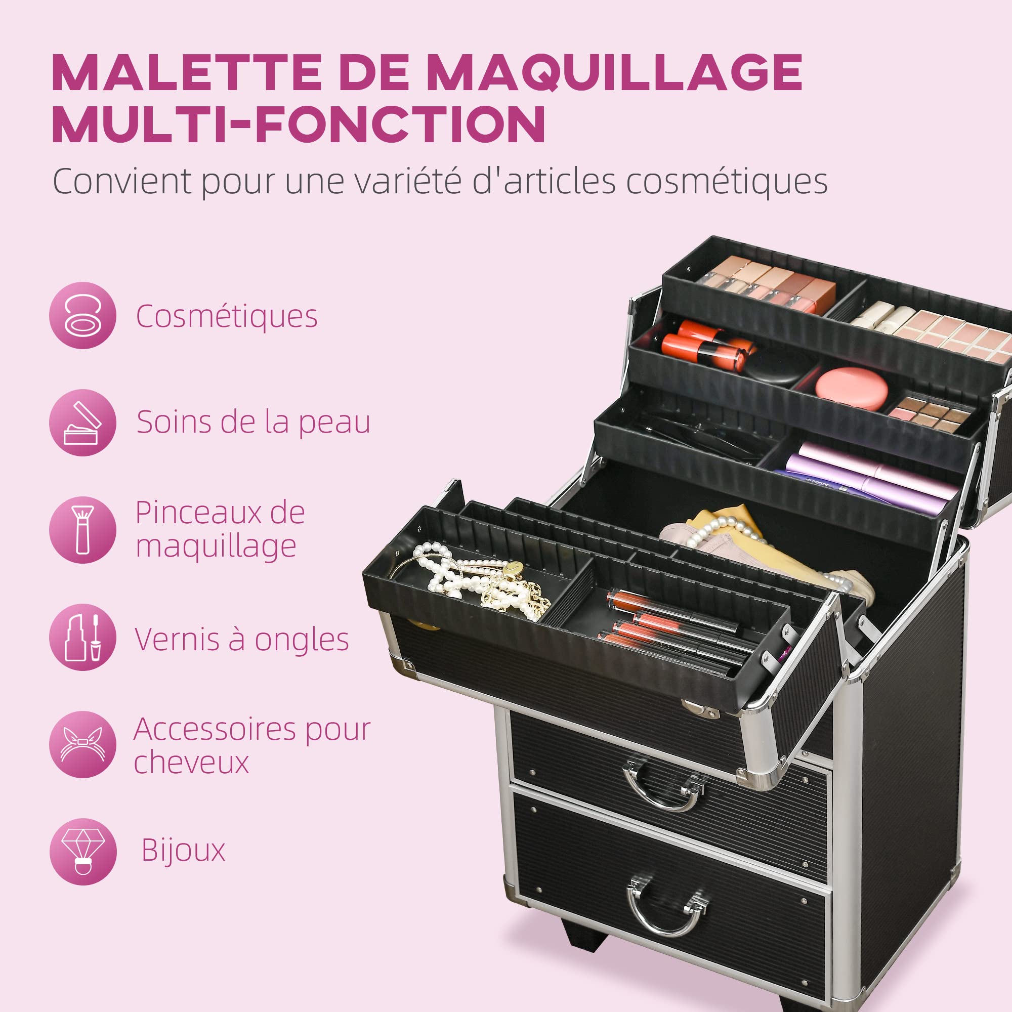HOMCOM Valise Trolley Maquillage Mallette cosmétique Vanity poignée télescopique réglable 36L x 23l x 58H cm alu ABS Noir