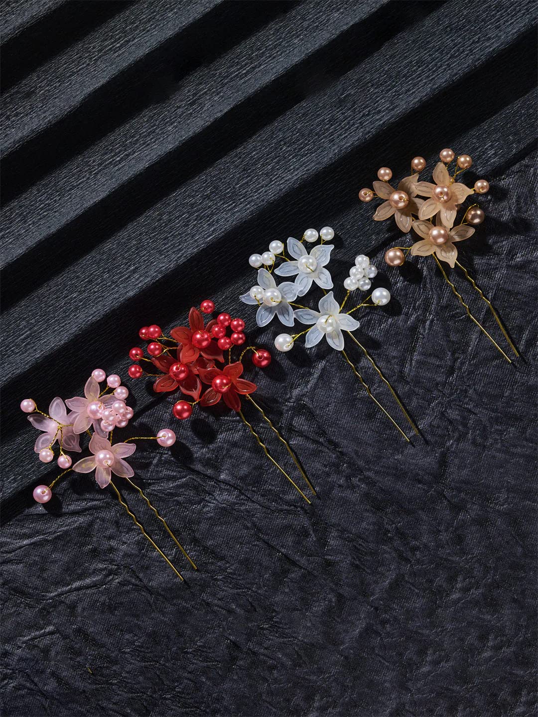 4 Pcs, Multicolr Bride Wedding Pearl Hair Pins Creative Fashion U-shaped Pearl Flower Handmade Hairpin Hair Accessory Pearl Hair Clips for Women Girls (Random Color)