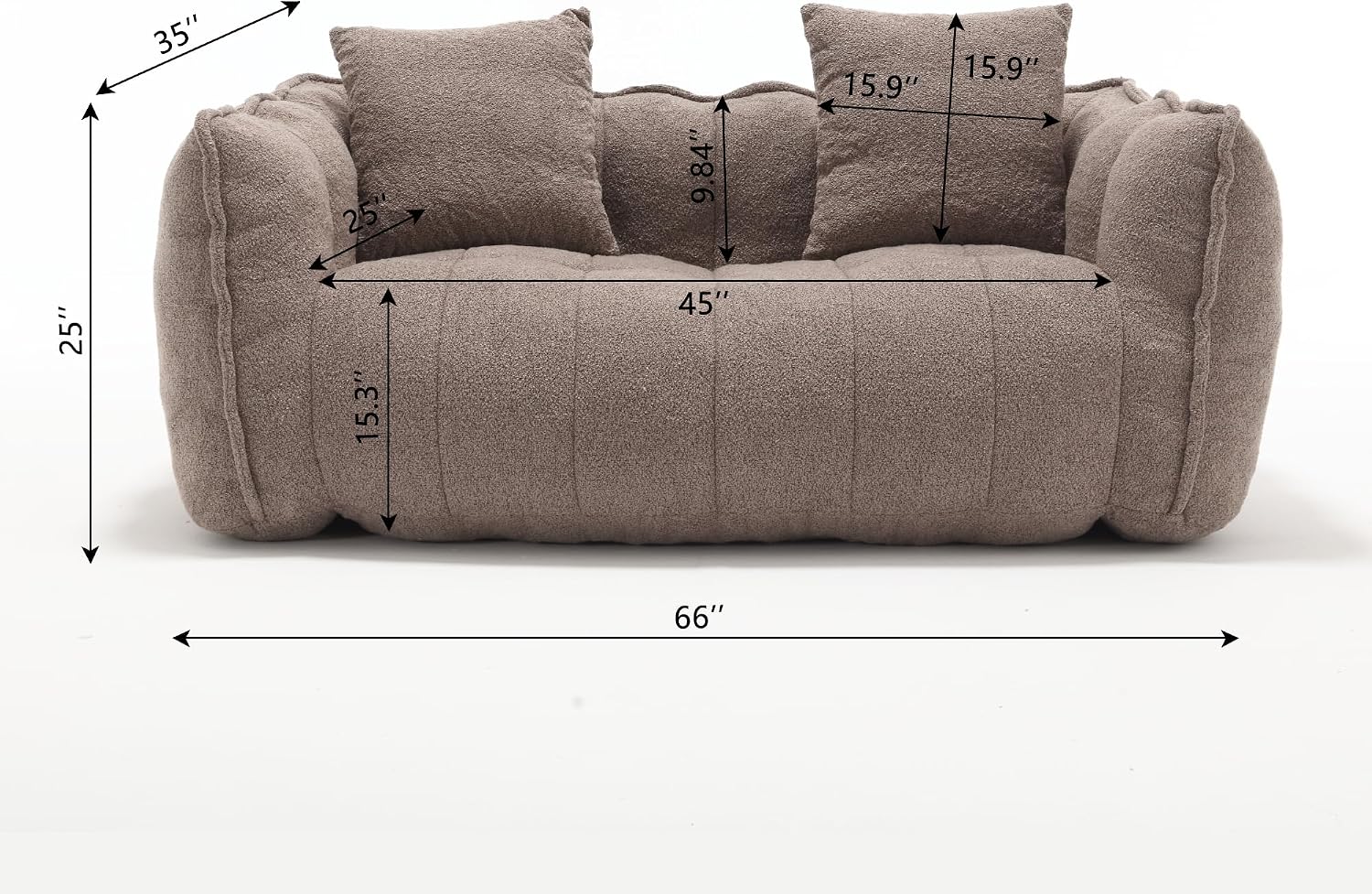 66" Double Bean Bag Chair, Premium Chenille Loveseat Sofa with High Resilience Foam Core, Square Recliner with Armrests for Gaming, Reading, Bedroom & Living Room (Brown)