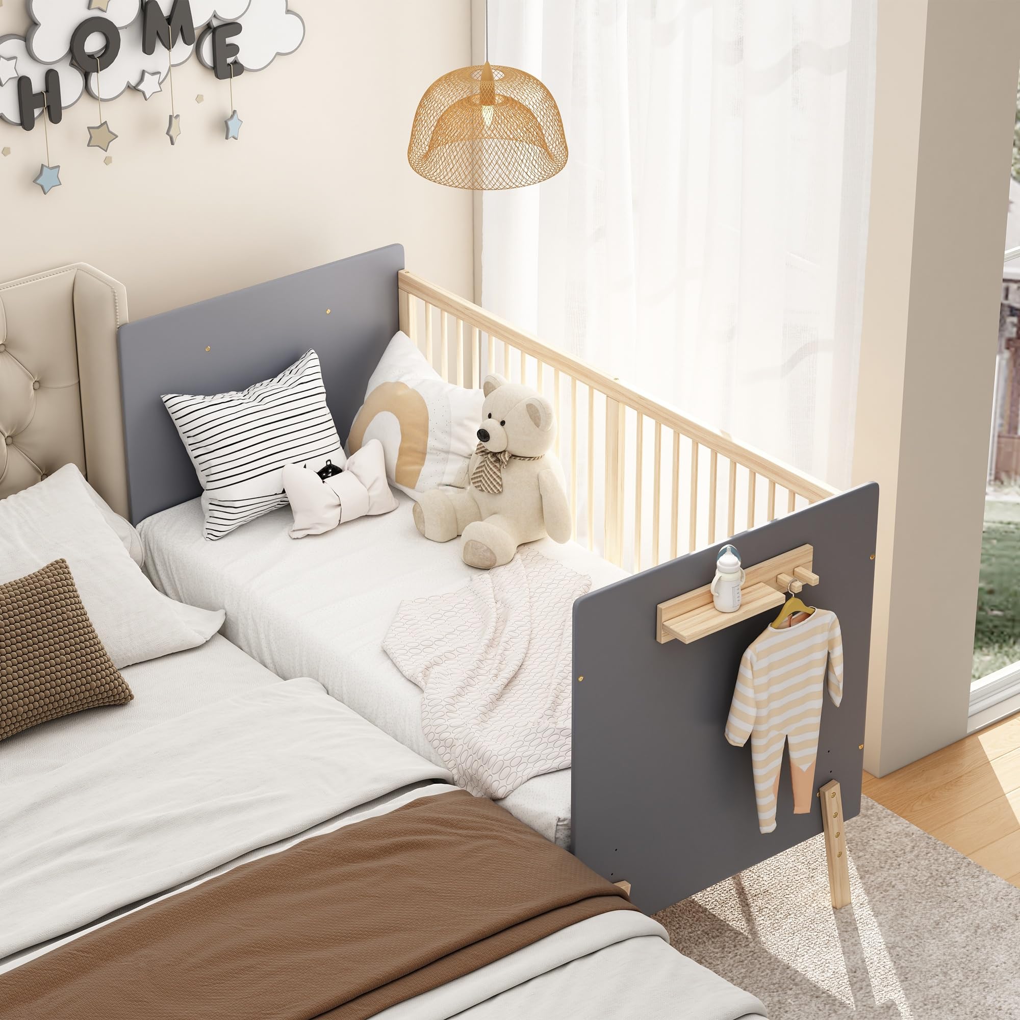 Babybett Holz mit Höhenverstellung – Beistellbett Baby & Sofabett | Massives Fichtenholz, 3‑stufig (20/25/30 cm), schadstofffreie Lackierung, Traglast 100 kg, inkl. Aufbewahrungsregal