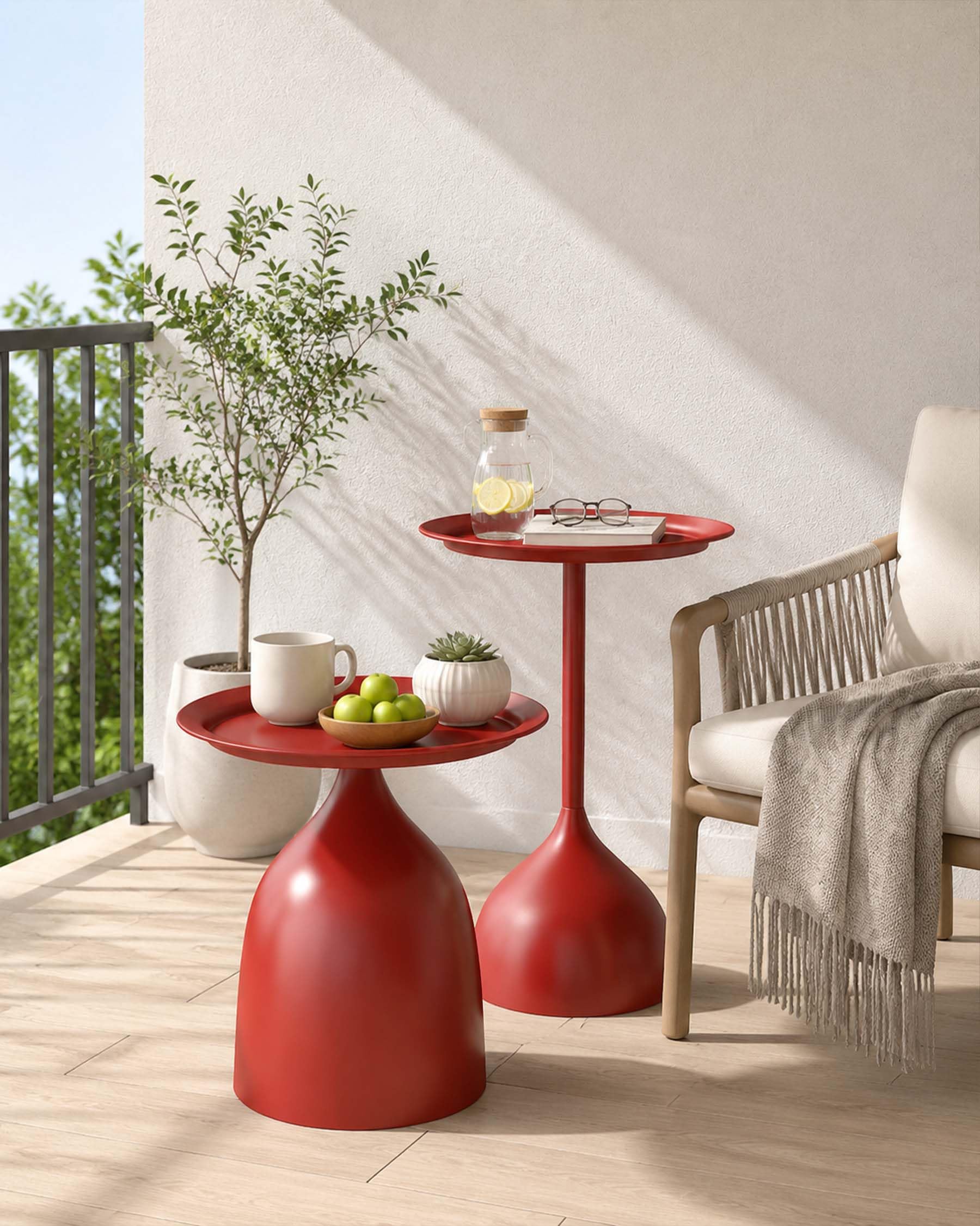 Lot de 2 Tables d'Appoint Extérieur Métal Étanche Ø40 cm Rouge - Table Basse de Jardin Moderne