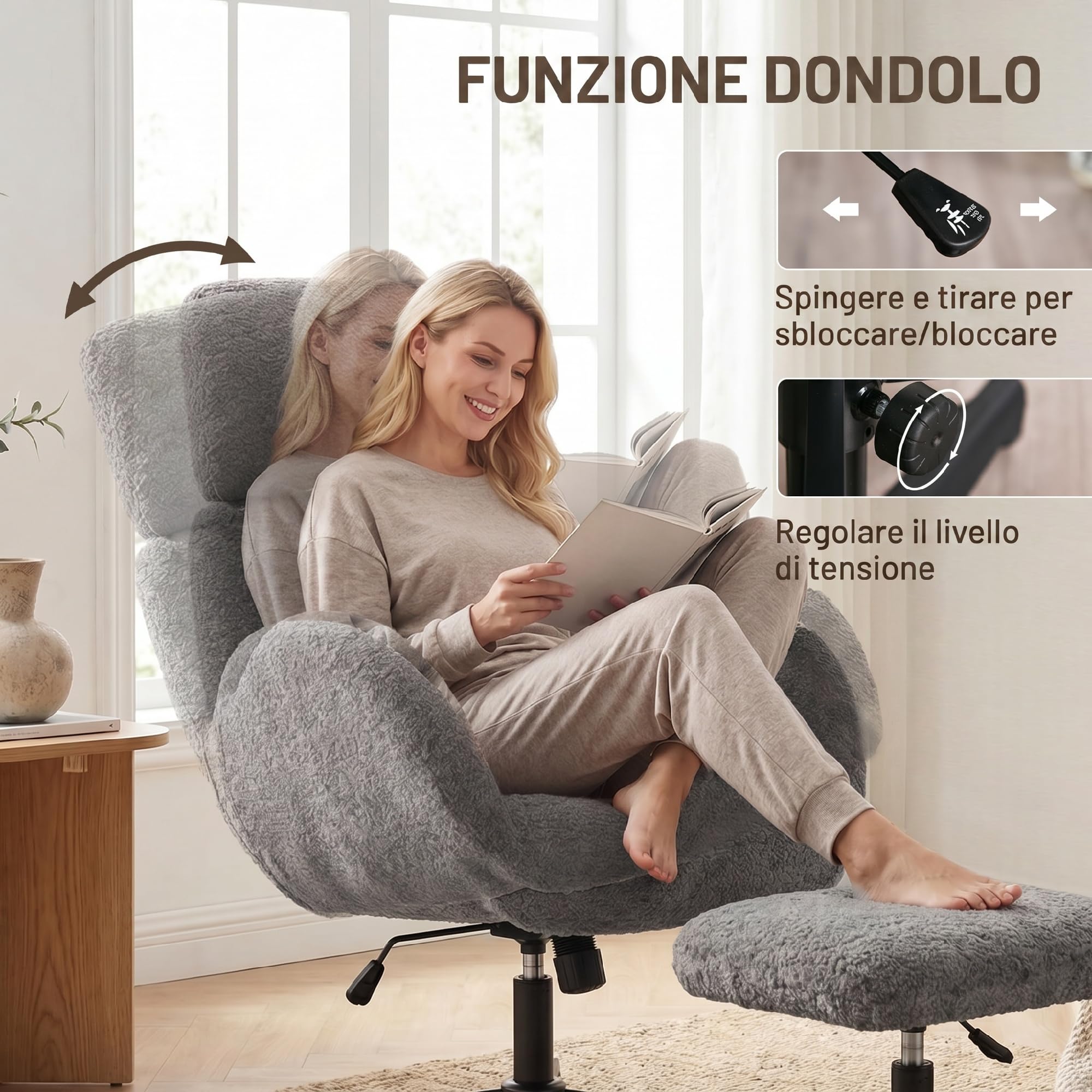 HOMCOM Poltrona Relax Girevole con Poggiapiedi in Velluto Texture a Goccia Morbido, Poggiatesta e Altezza Regolabile, Schienale Largo, Poltrocina Camera da Letto, Funzione Dondolo, Braccioli, Grigio