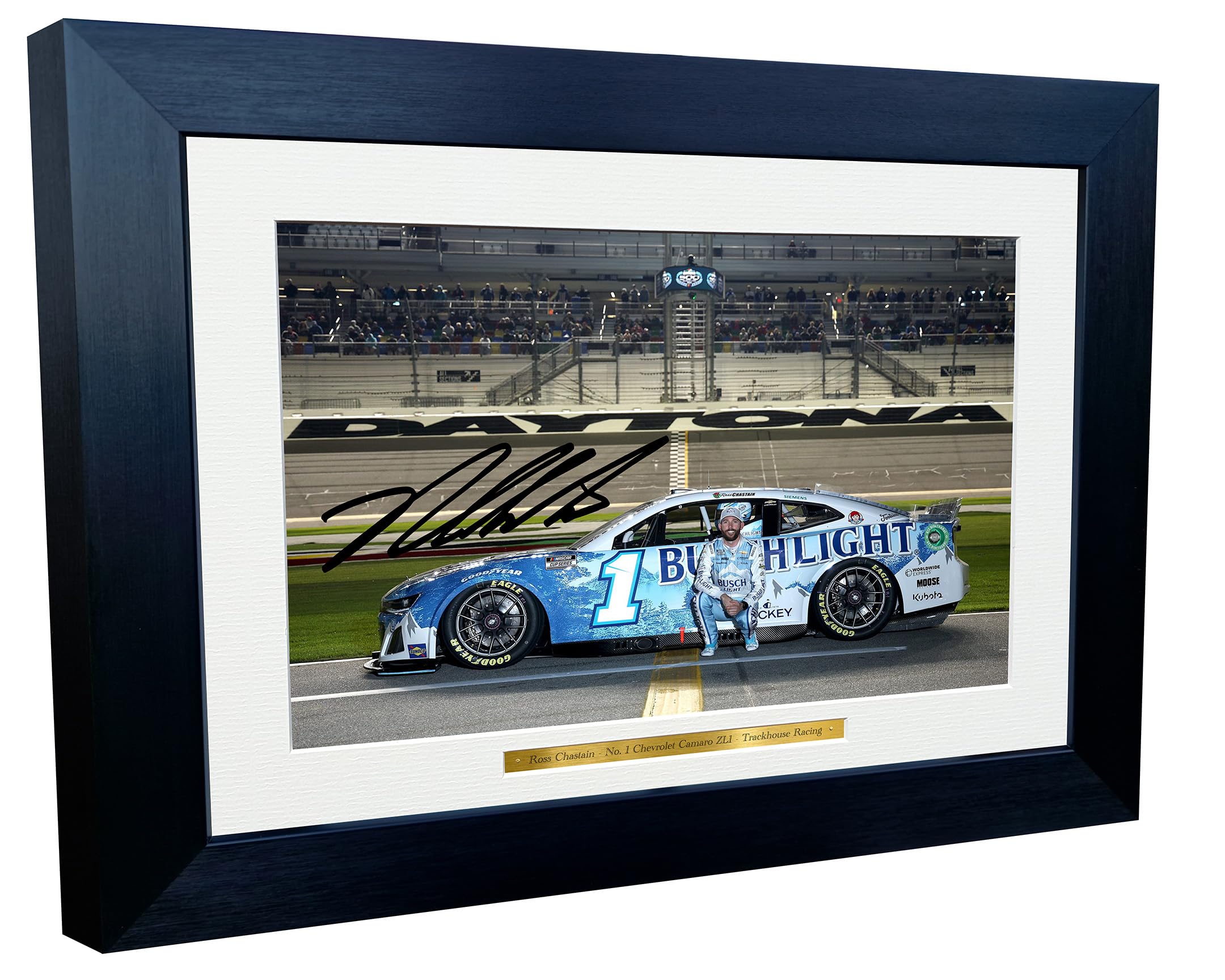 12x8 A4 Ross Chastain 2024 Daytona 500 NASCAR No. 1 Chevrolet Camaro ZL1 Trackhouse Racing Signed Autographed Signature Photo Photograph Picture Frame Poster Celebration Gift Watermelon Man