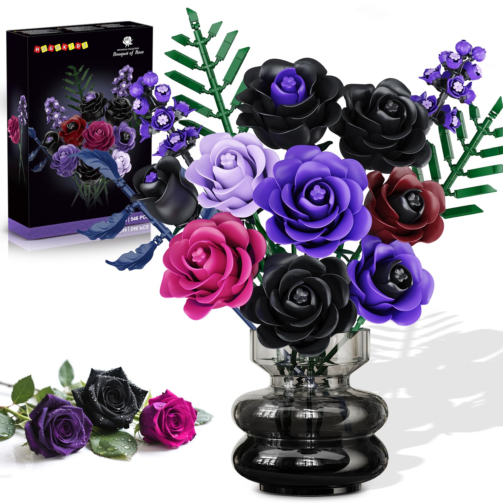 HOGOKIDS Blumen Rosenstrauß Bausatz - 14 Violetter Schwarze Rosen Künstliche Blumenstrauß, 546 Teile Botanik Flower Kollektion Set als Zimmer-Deko, Kunstblumen Pflanzen Geschenk für Erwachsene Frauen