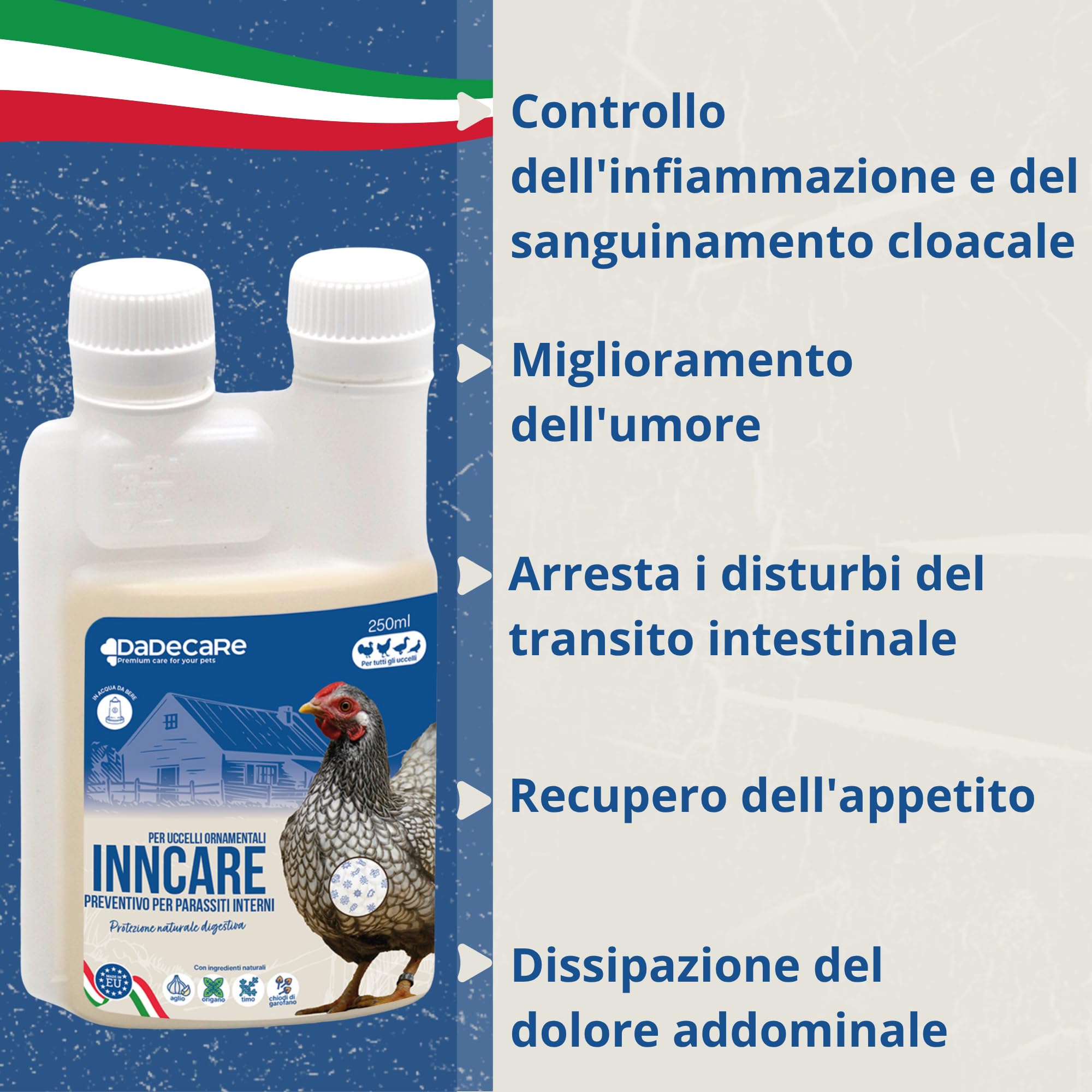 Preventivo Parassiti Interni Naturale 250 ml - Polli, Pollame ed Esotici - Previene e Tratta Problemi digestivi - Formula Naturale - Estratto di Aglio e Oregano - Inncare