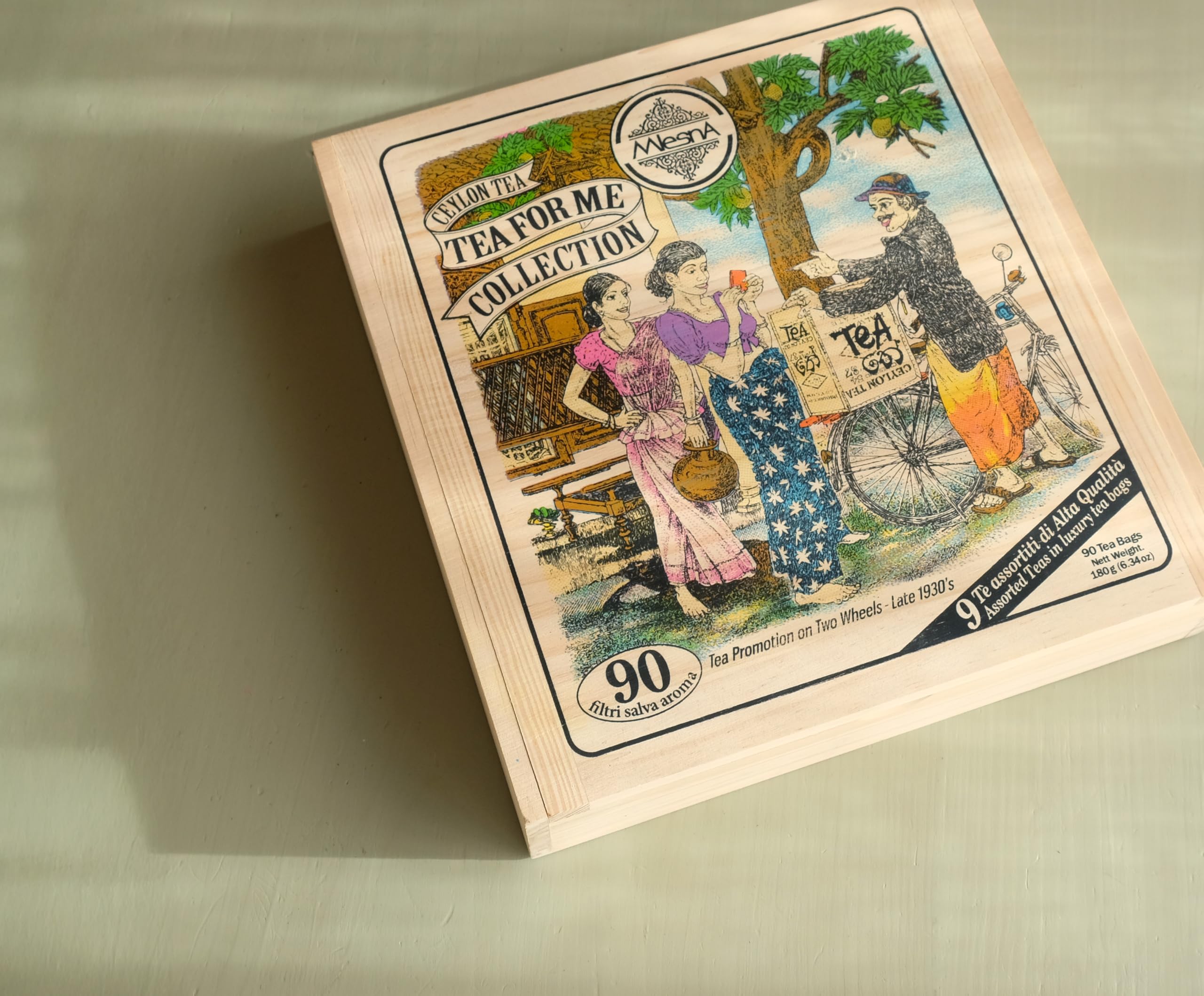 Mlesna Tea for Me Collection, Tè di Ceylon Assortiti, 90 Filtri in Bustine Singole, 9 Varietà, Scatola Regalo in Legno, Tè Puro con Aromi Naturali