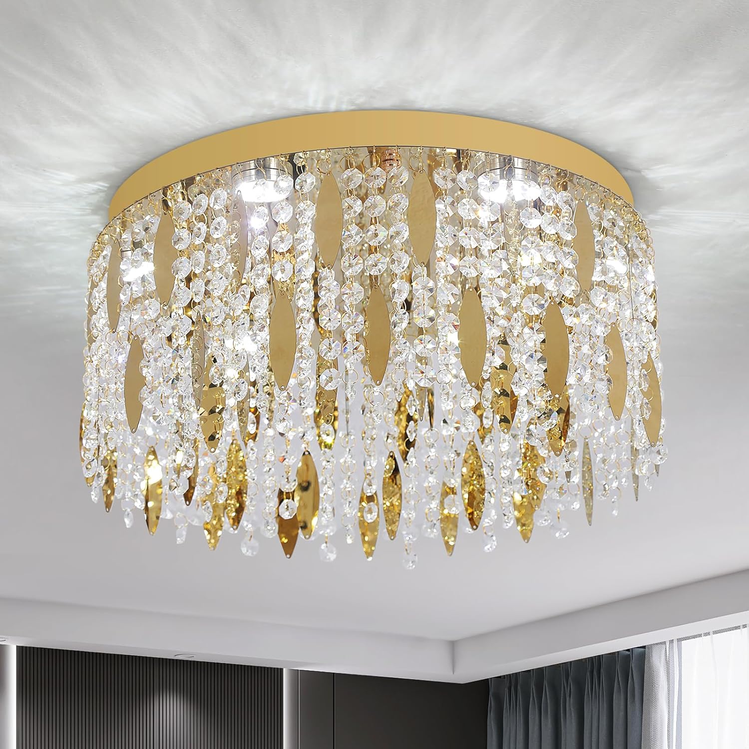 VETRULUS LED Crystal Ceiling Light Modern 15.7" Gold Flush Mount Chandelier Tri-Color Temperatures Lighting Fixture for Bedroom, Kitchen, Hallway, Dining Room