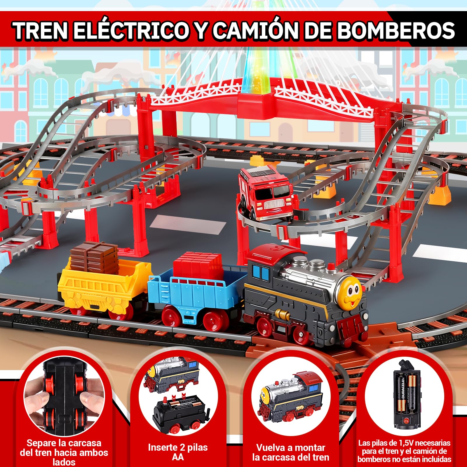 JONRRYIN Trenes de Juguetes para Niños, 161 Piezas Juguetes Pista de Carreras, Pista de Coches y Tren con Vías de Flexibles, 4 Camión de Bomberos, Train Eléctrico para Niños Regalo