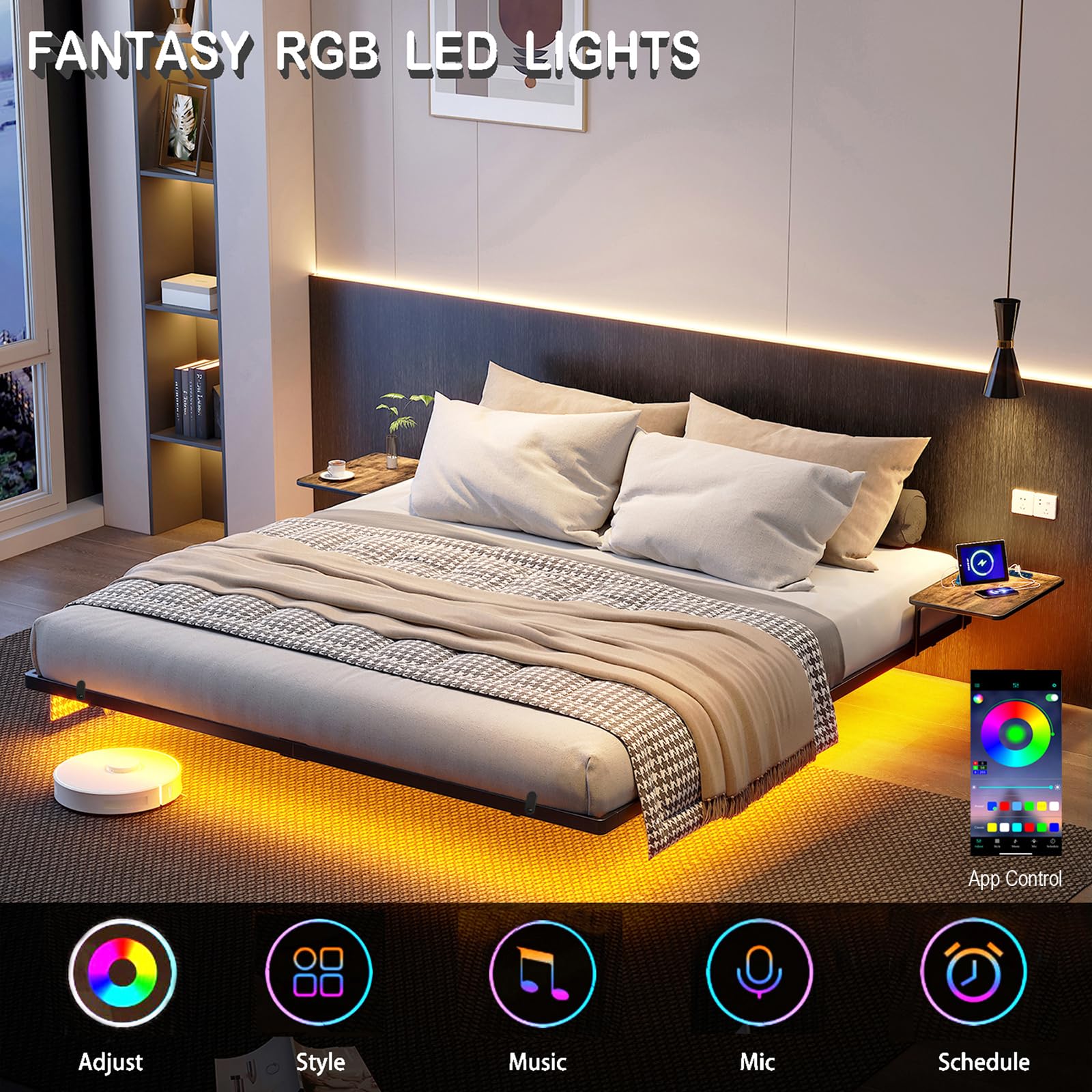 BORPHOM Struttura letto king size galleggiante con luci LED e stazione di ricarica USB, struttura letto in metallo da 1,5 m, base per materasso, doghe in metallo resistente, senza rumore, letto nero