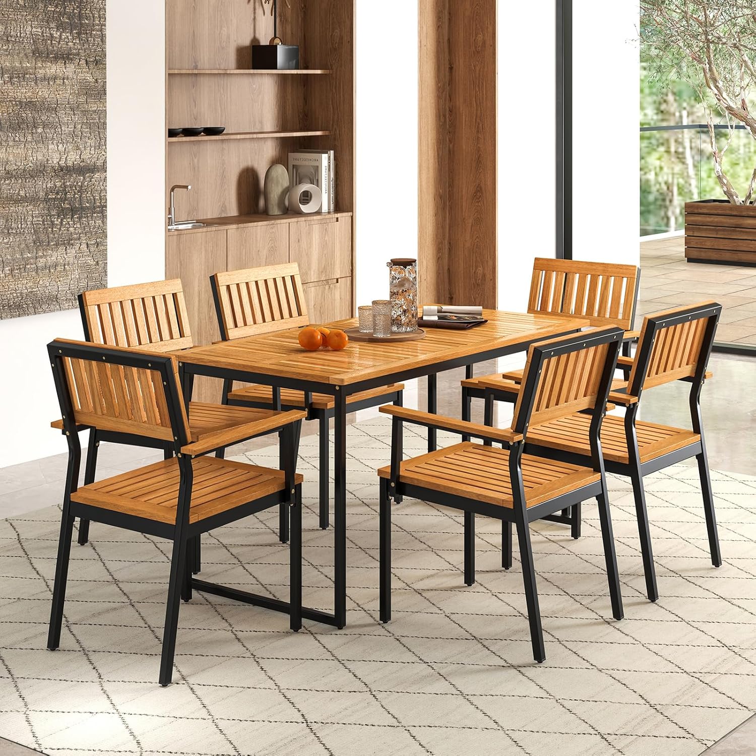 Tangkula 7 Piece Outdoor Dining Set for 6, Acacia Wood Rectangular Dining Table & 6 Armchairs w/Metal Frame, Umbrella Hole, Farmhouse Dining Furniture Set for Garden Porch Poolside Yard