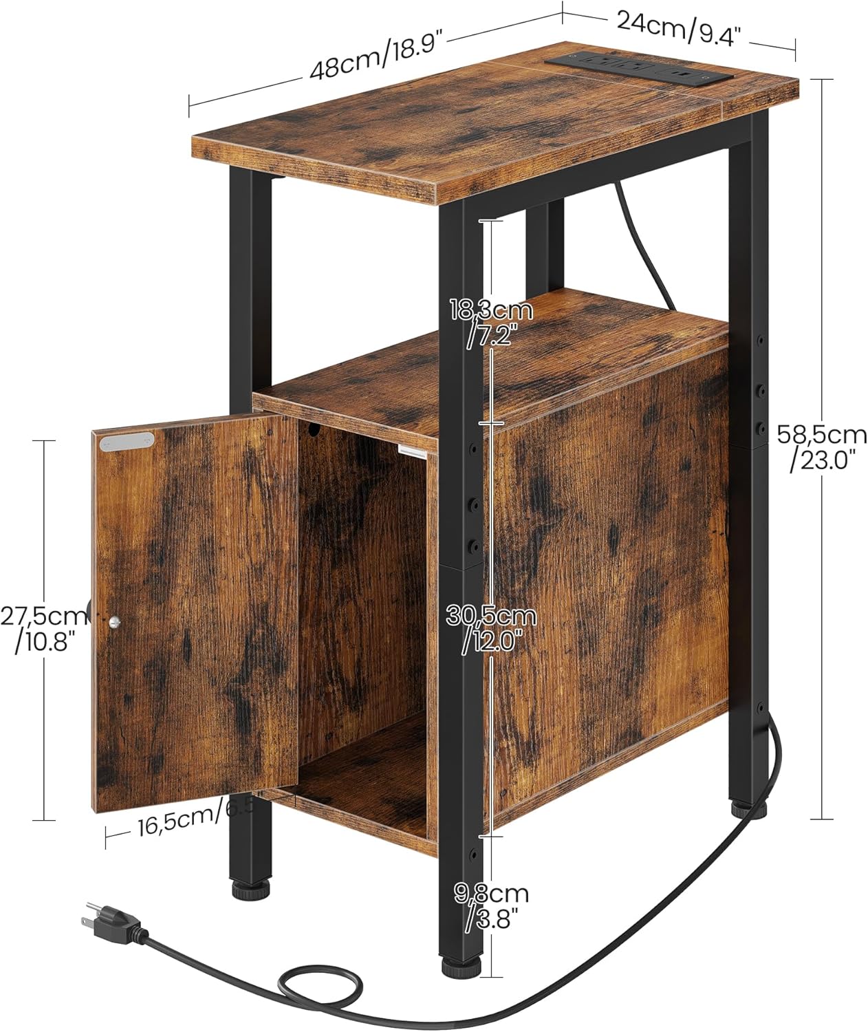 Farmhouse End Table, Narrow Side Table for Small Spaces, Slim Nightstand with Charging Station, with 2 AC Outlets, 1 USB and 1 Type-C Port, for Living Room, Bedroom, Rustic Brown TBZ08UBF