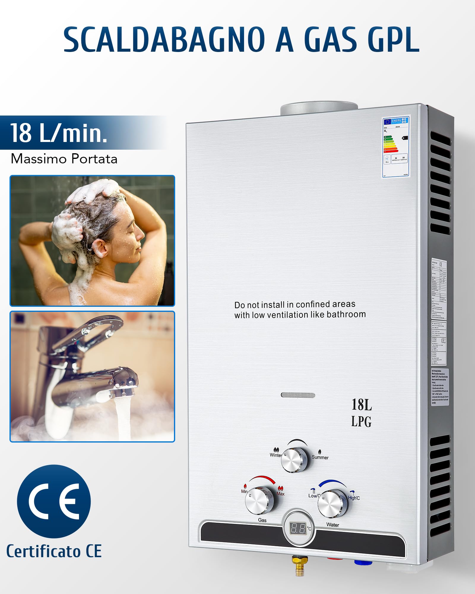 CO-Z 18L Scaldabagno a Gas GPL con Modalità Inverno ed Estate Caldaia a Gas GPL da 30.6 kW a Parete senza Serbatoio Scaldacqua Istantaneo Automatico con Anima in Rame e Display a LED(18L)