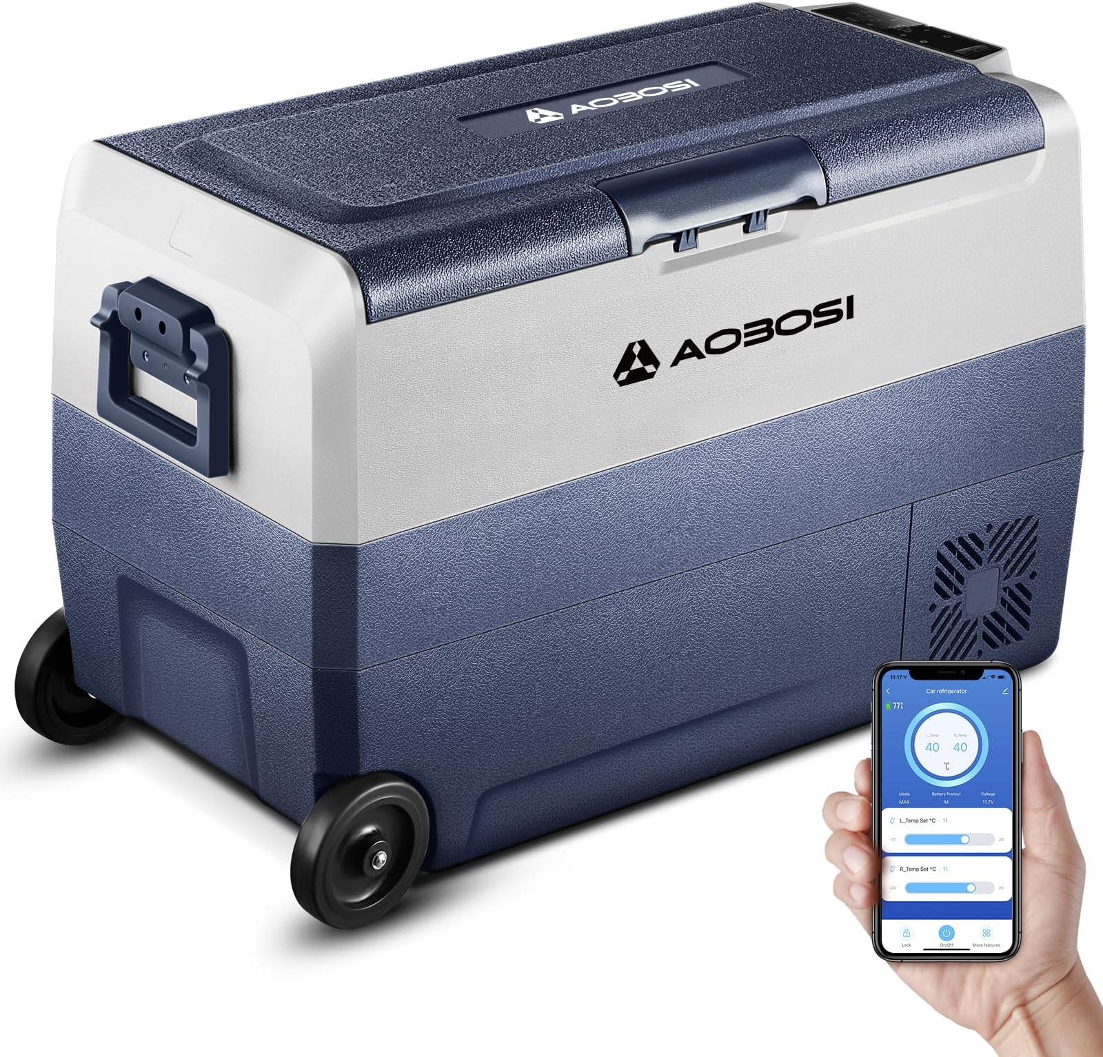 AAOBOSI Car Fridge 50L, Camping Fridge Dual Zone, WIFI APP Control, -20°C-20°C Portable Freezer 12/24V DC and 100-240V AC for Campervan, Driving, Travel, RV, Outdoor, Picnic