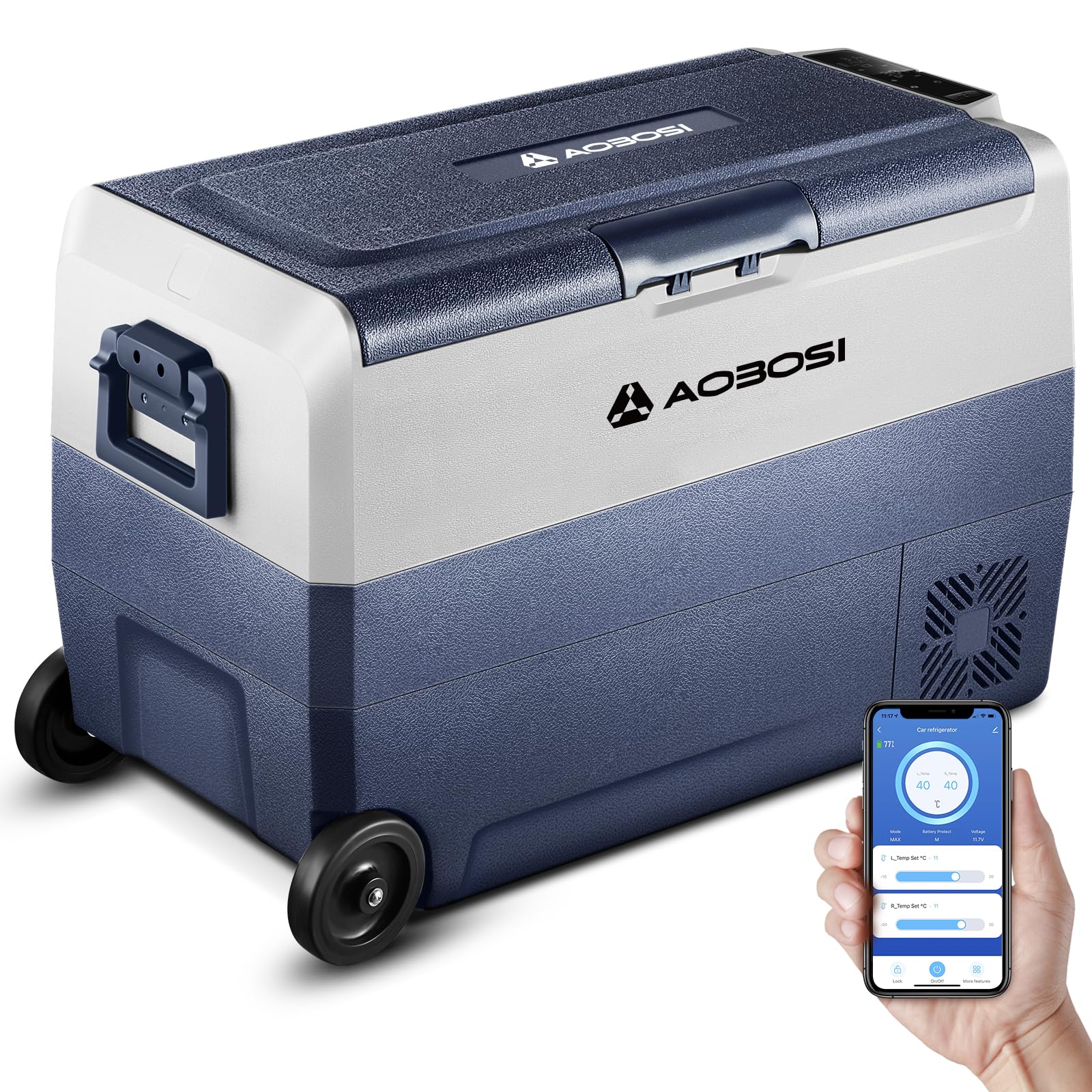 AAOBOSICar Fridge 50L, Camping Fridge Dual Zone with Wireless Connection, -20°C-20°C Portable Freezer 12/24V DC and 100-240V AC for Campervan, Driving, Travel, RV, Outdoor, Picnic