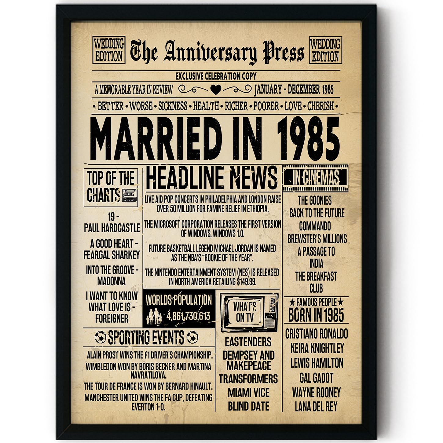 Stuff4 Men's 1985 41St Anniversary Poster Framed - Married In Newspaper - 41 Wedding Anniversary For Wo Retro Vintage Gifts Back In 8X10 Inch Anniversaries Posters