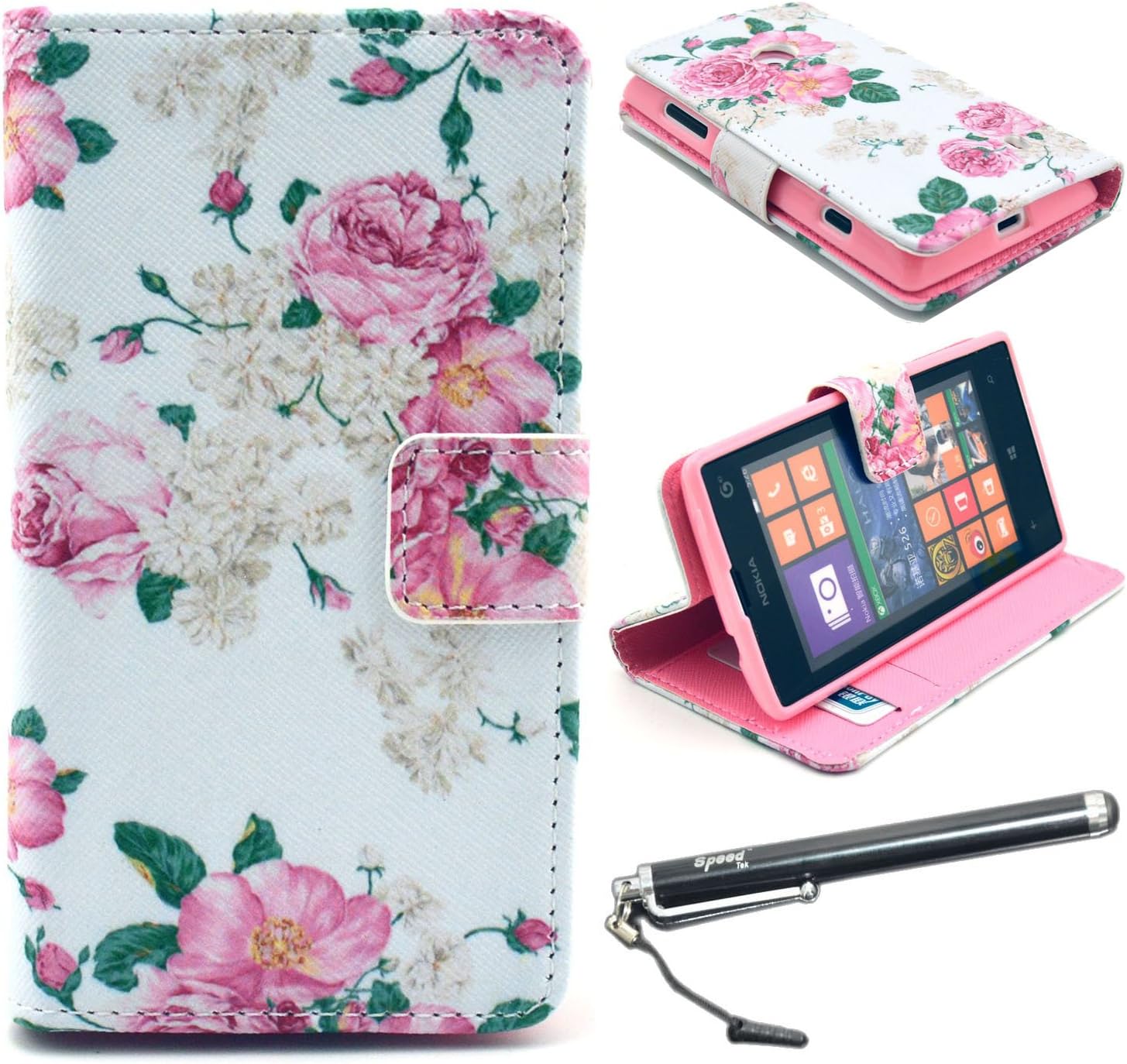 Lumia 520 Case, Nokia Lumia 520 Case, Speedtek Rose Pattern Premium PU Leather Wallet Flip Protective Skin Case with Magnetic Closure for Nokia Lumia 520 (2013) (Built-in Credit Card/ID Card Slot)