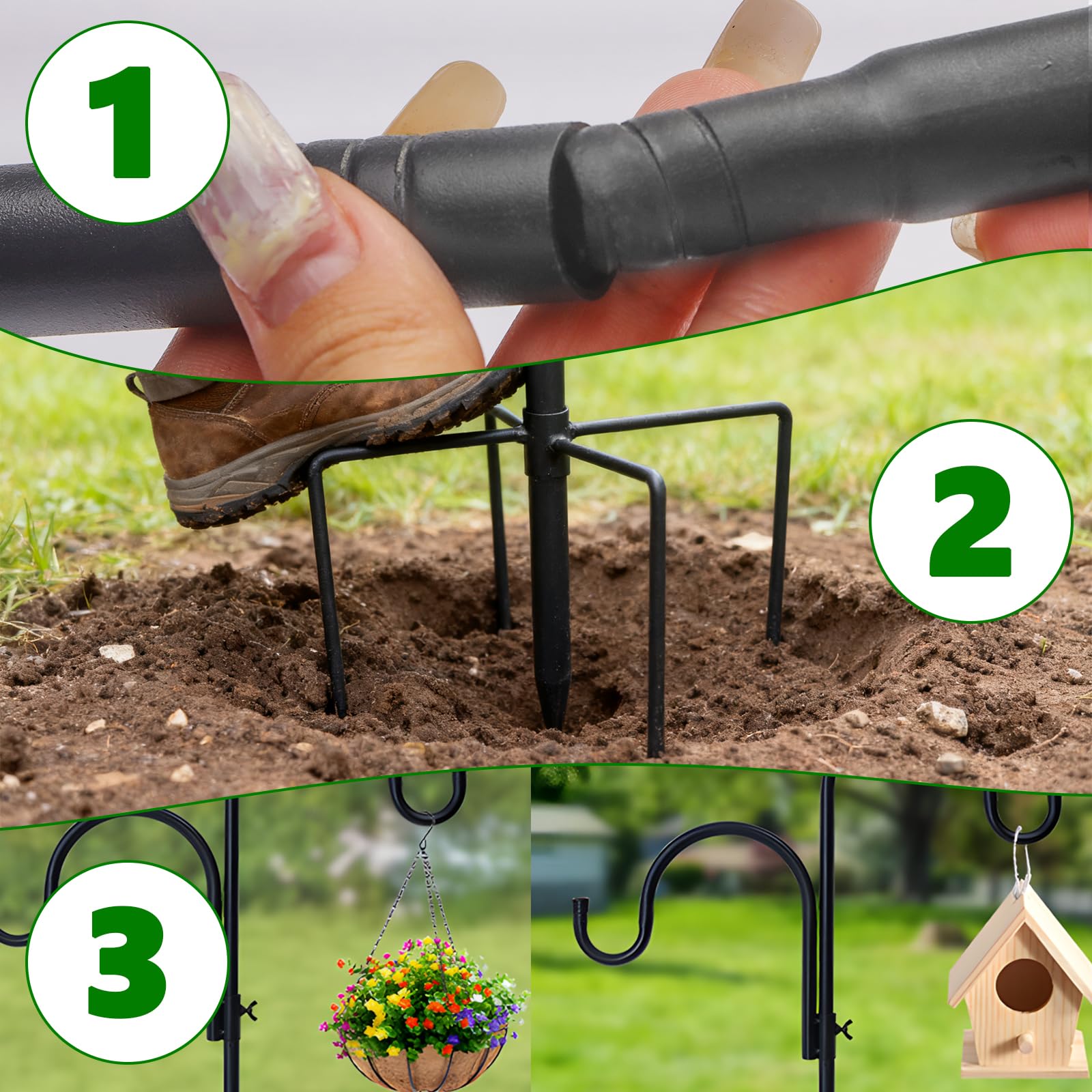 Schäferhaken für Vogelhäuschen 193cm, Dicke Metall Gartenstab mit Haken, Outdoor Abnehmbarer Hirtenstab für mit 5-Zinken-Basis, für Laternen, Pflanzen, Aufhänger, Vögel, Gartenhängepfahl Futterspender
