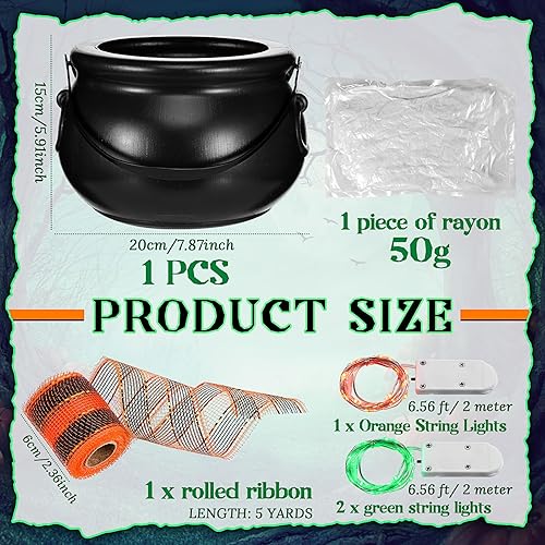 Miniatura 2 de 43 piezas de calderos de Halloween, caldero de plástico negro de 7.9 pulgadas con asa, adornos de bolas, algodón artificial, tira de luces y