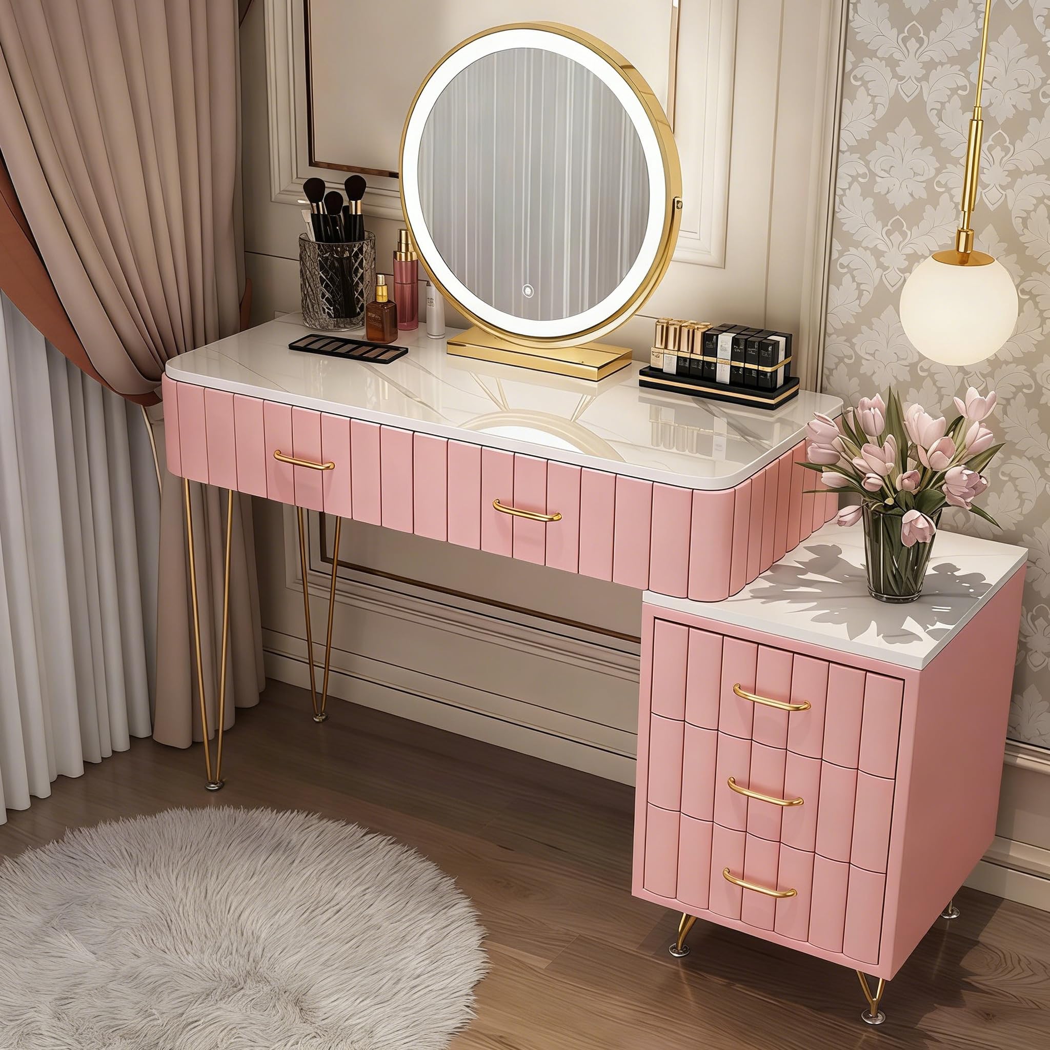 ANHFYS Dressing Table with LED Lights and 5 Drawer, Pre-Assembled