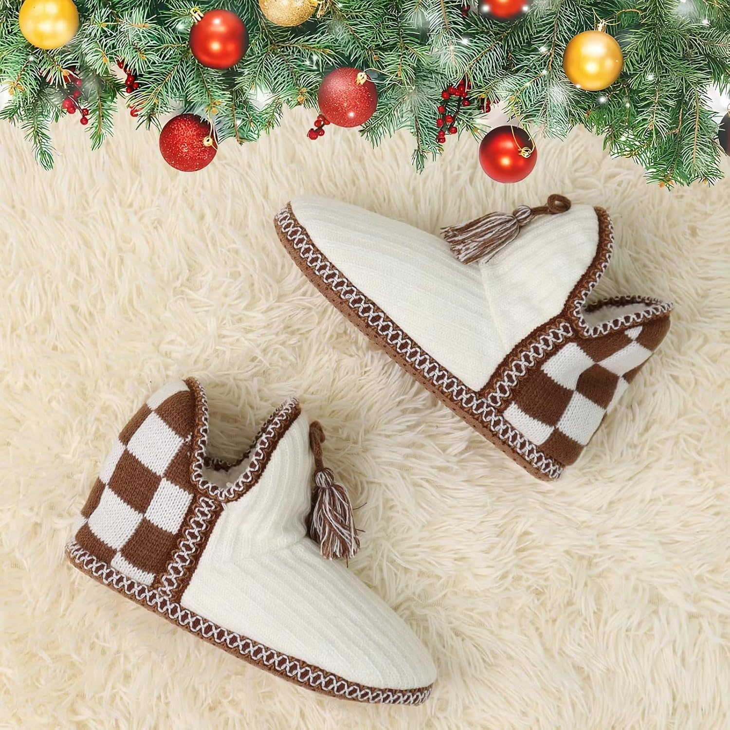 GPOS Women's Faux Cashmere Knit House Slipper Booties Cotton Quilted Warm Indoor Ankle Boots - Image 2