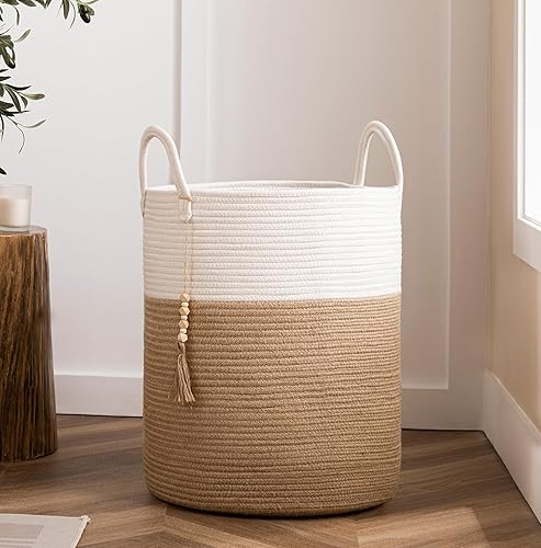 Miniatura 8 de UBBCARE Cesta de lavandería alta de 58 litros, 16 x 20 pulgadas, cesta de almacenamiento de cuerda tejida grande con asas, cesta de lavandería para