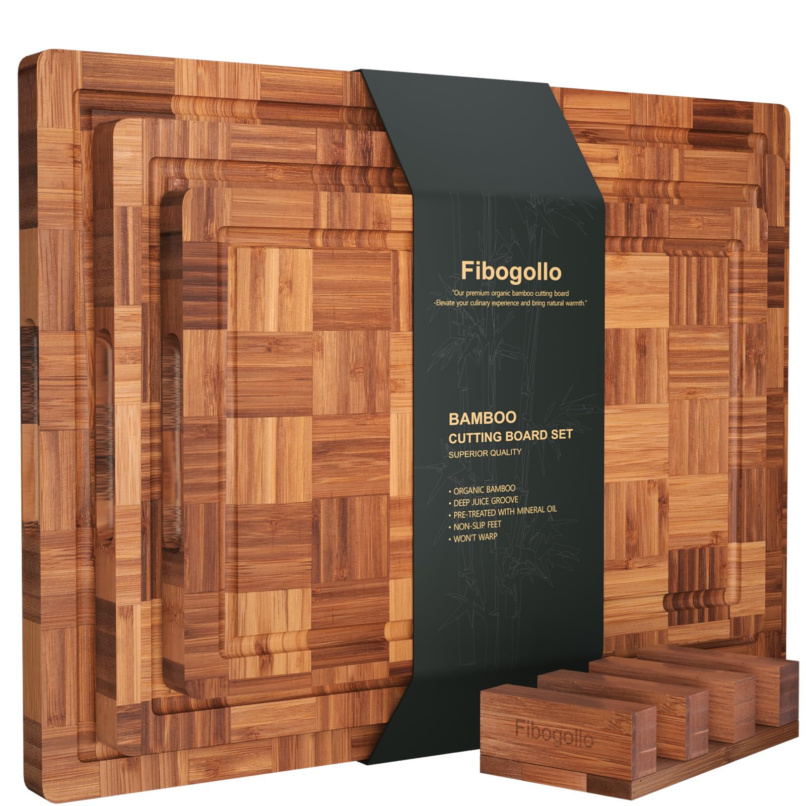 Fibogollo Bamboo Cutting Boards for Kitchen(Set of 3),Chopping Boards with Juice Groove,End Grain Serving Board with Holder,Bamboo Butcher Block for Meat,Vegetables,Fruit
