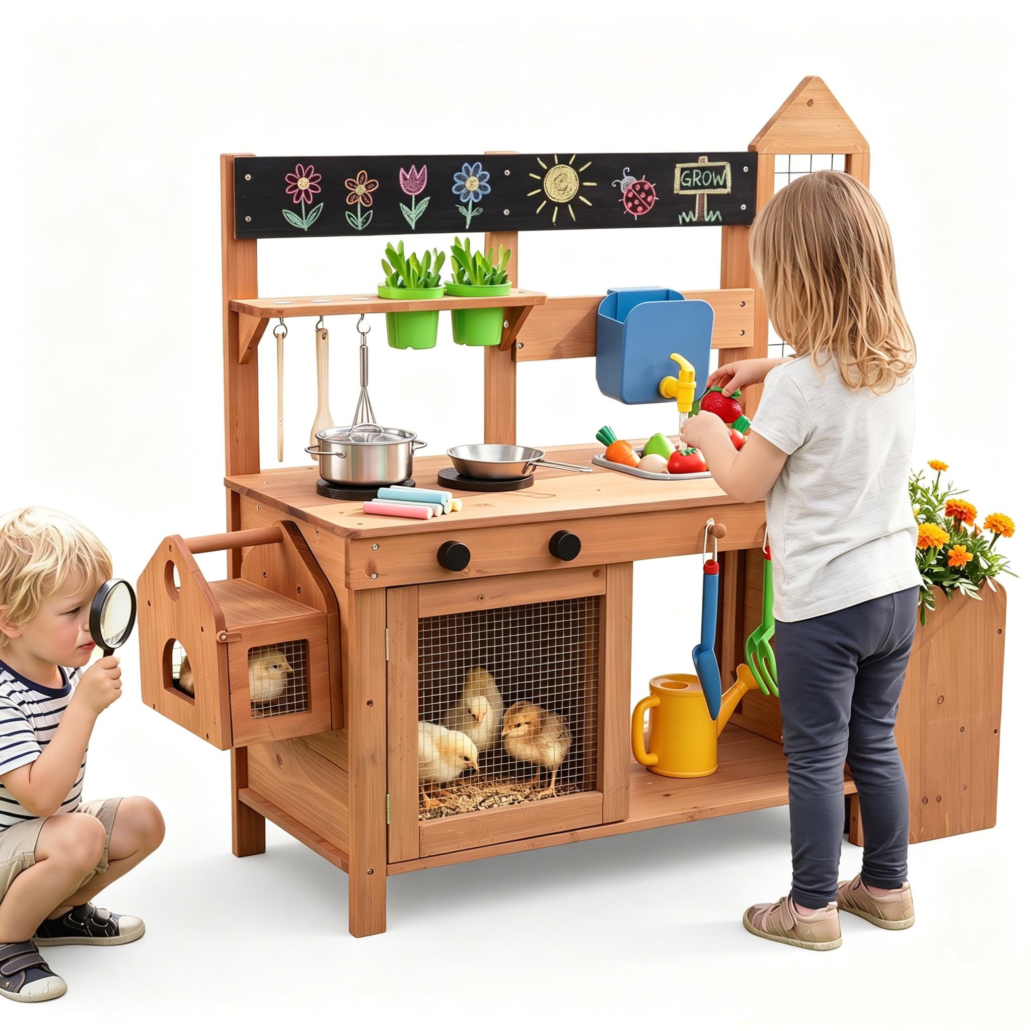 HOMASIS Cucina Giocattolo da Esterno per Bambini 3+ Anni, Cucinetta in Legno Massello con Gabbia, Vano Allevamento, Fioriera, Lavagna, Contenitore e Accessori, Chef Gioco Montessori per Sabbia e Acqua