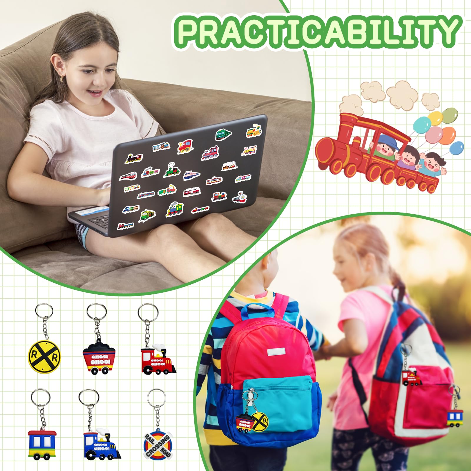 Lot 86 Accessoires Anniversaire Thème Train Enfant – 12 Porte-Clés, 12 Bracelets Slap, 12 Sacs Cadeaux, 50 Autocollants – Parfait Pour 12 Invités