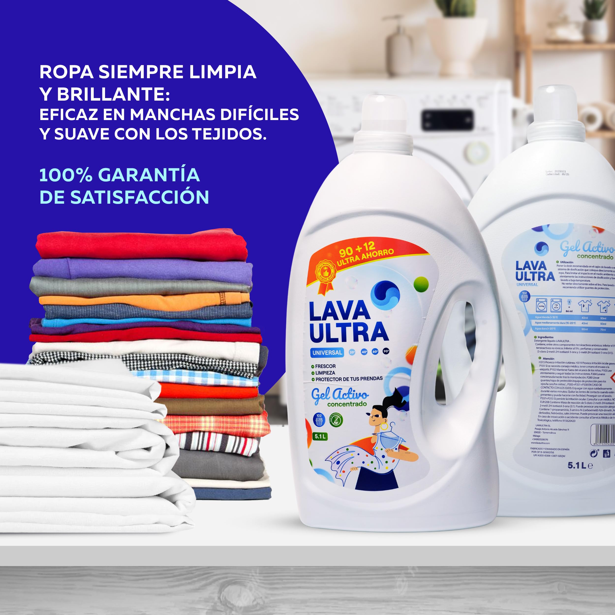 Lava Ultra Gel Activo 20.4L - 408 Lavados - Detergente Líquido Concentrado para Lavadoras, Sin Fosfatos, Apto para Todo Tipo de Telas, Suave y Fresco, Fabricado en España