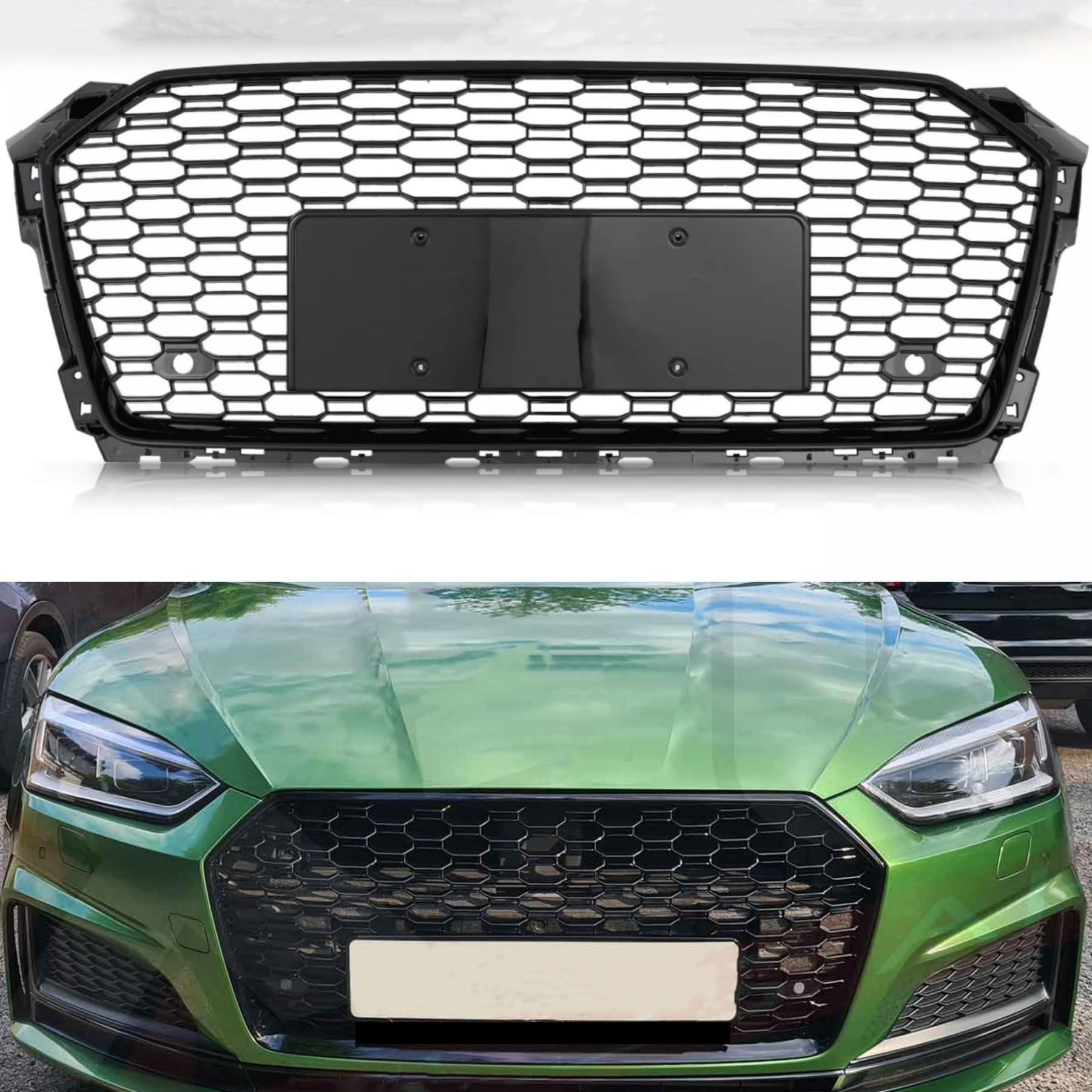 Front Bumper Center Grill Honeycomb RS5 Style Grille Compatible with Fit for AUDI A5/ S5/ A5 Sportback 2018 2019 Replacement Grill (ABS,Gloss Black)