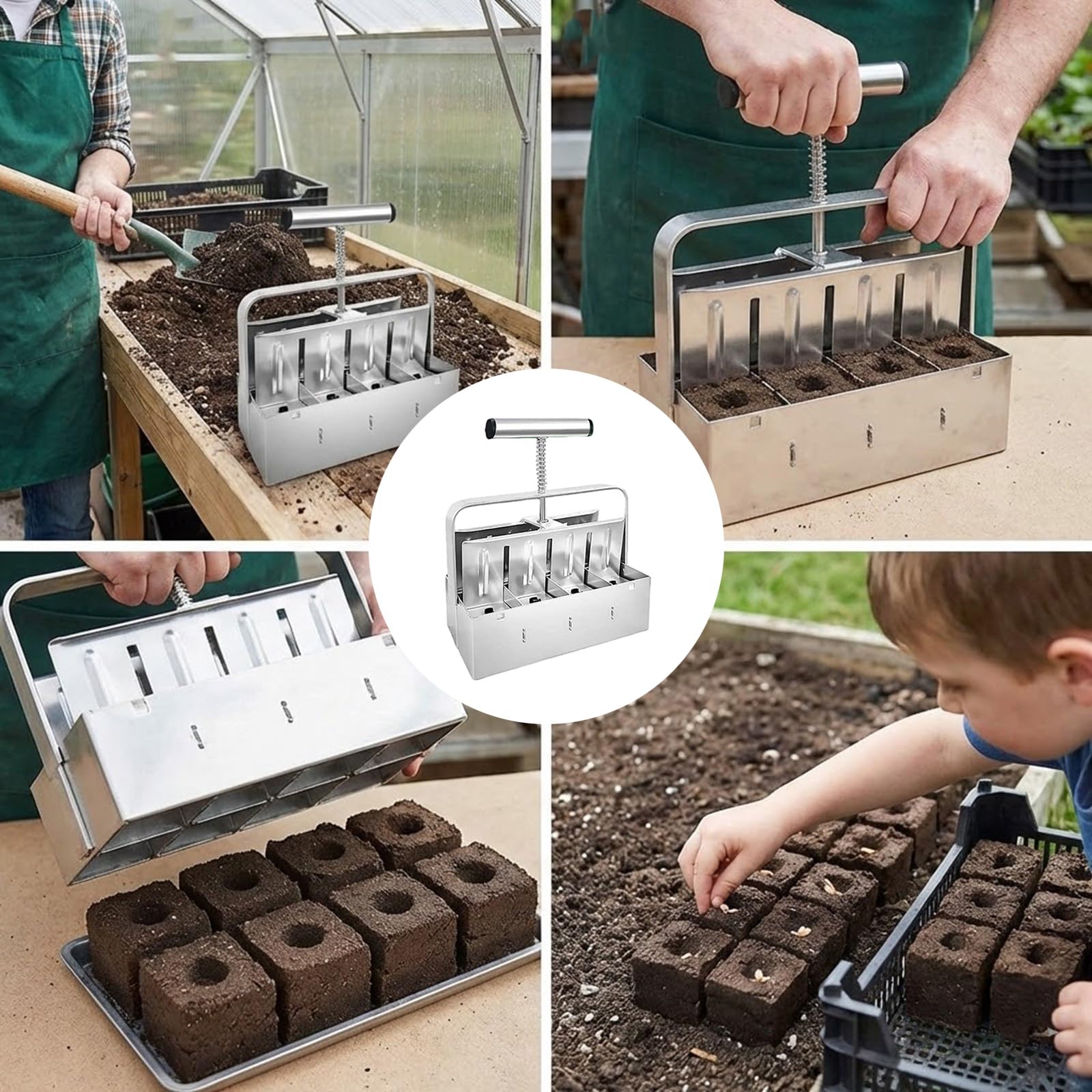 Fabricante de bloques de suelo para jardineros domésticos para comenzar el crecimiento de manera eficiente, incluyendo múltiples tamaños de molde, máquina de pellets de tierra para arbustos