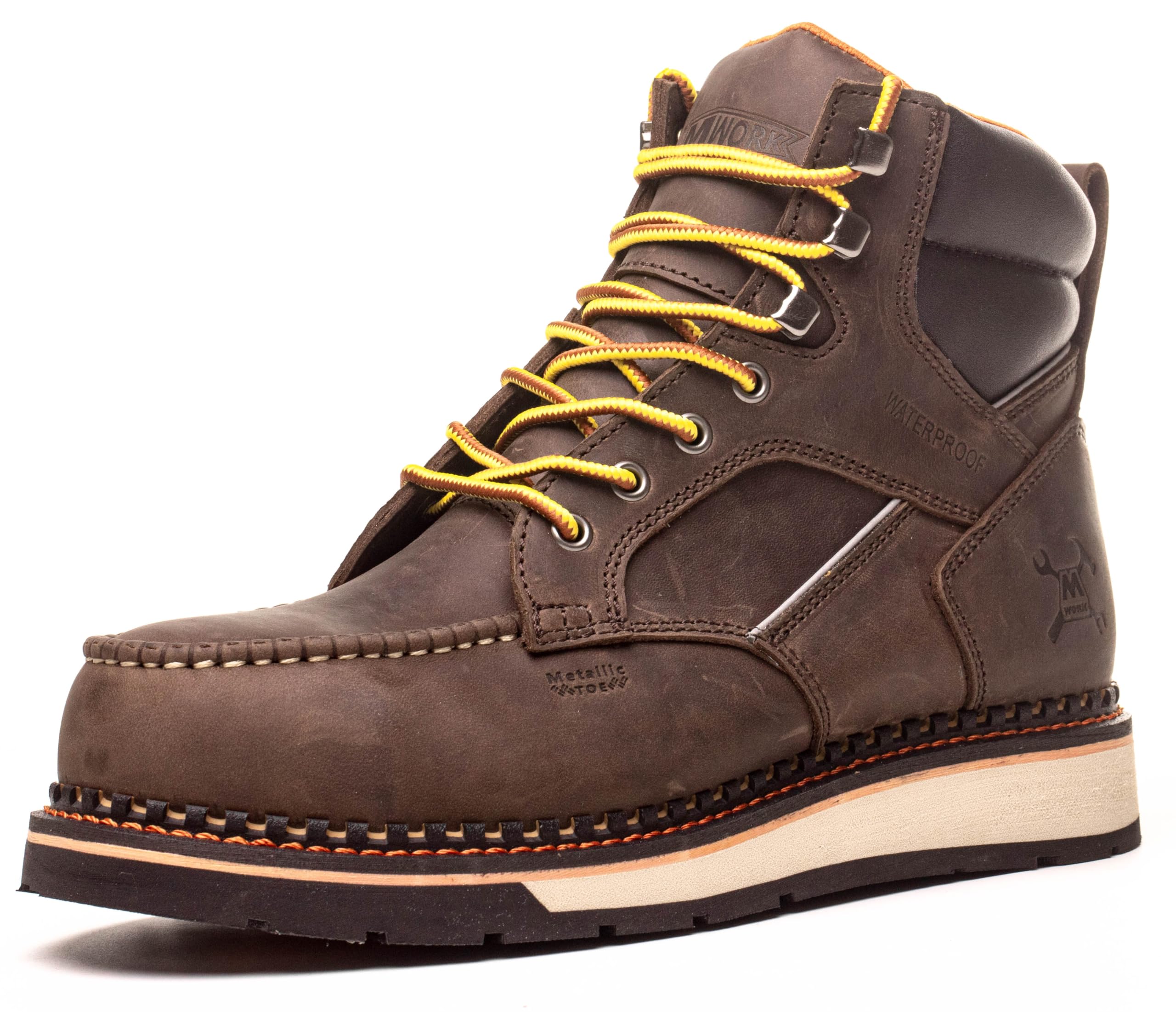MWORK 6" Moc Toe Work Boots For Men Wedge Sole Leather Waterproof ASTM F2413-18 Safety Metallic Toe EH Rated Arch Support Anti Fatigue