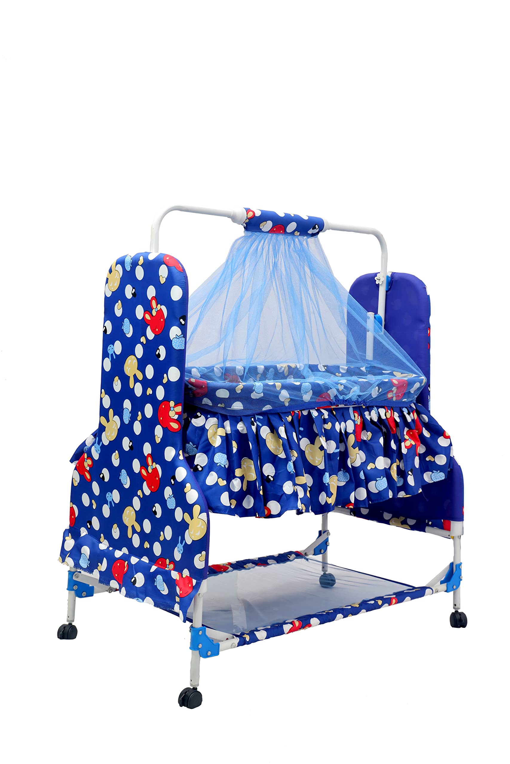 BABYBLESSING New Born Baby Soft Seat Cradle with Swing and Mosquito Net, Four Wheels with Brake Lock for Swing Cradle/Jhula/Palna/Bed/Baby Safe for 0-12 Months Colour - Blue