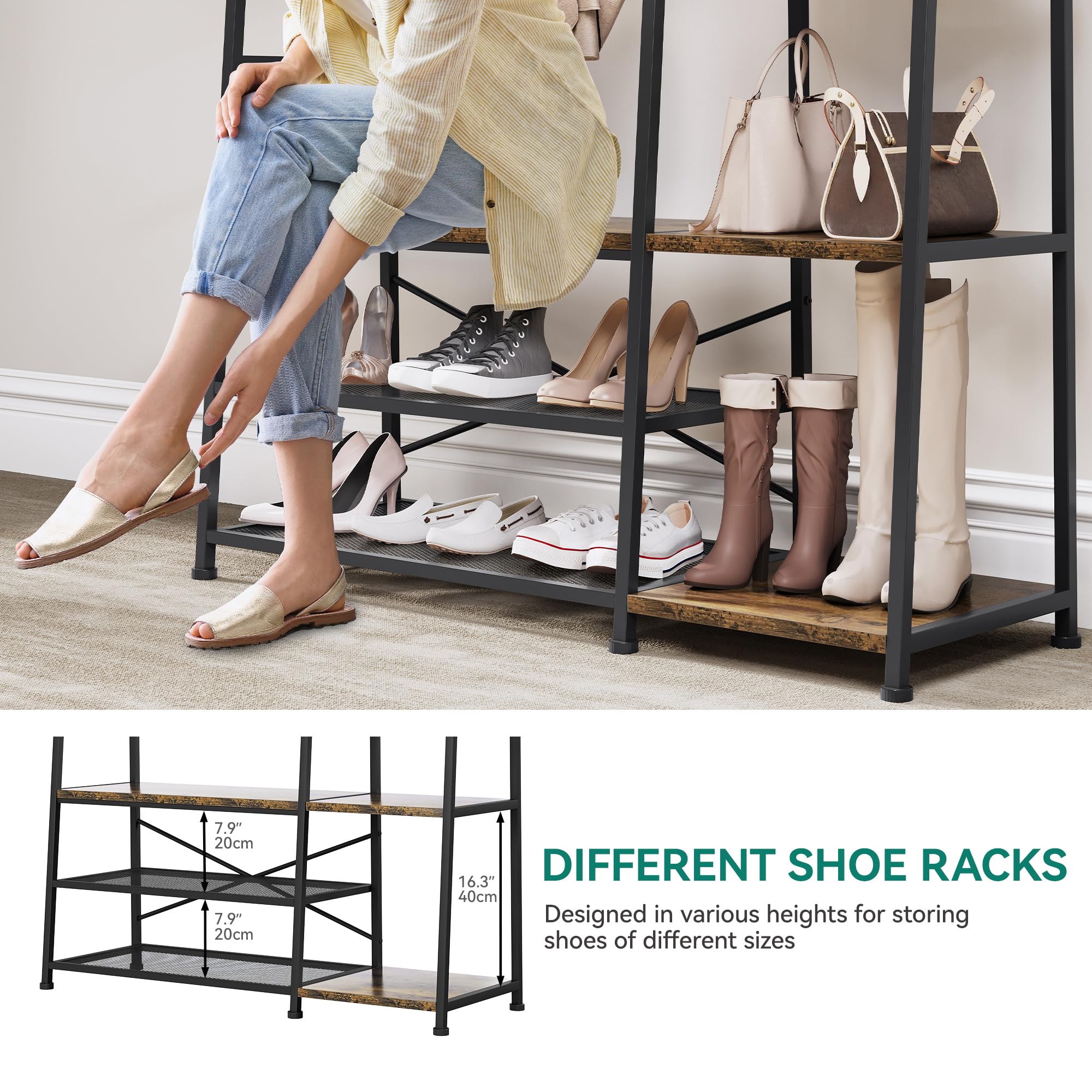 YITAHOME Perchero con Almacenamiento de Zapatos, Árbol de Pasillo Independiente con Banco Perchero Industrial con 5 Estantes Barra para Ropa para Dormitorio Sala de Estar Pasillo Entrada, Marrón | Perchero industrial con 9 ganchos y 5 estantes para dormit