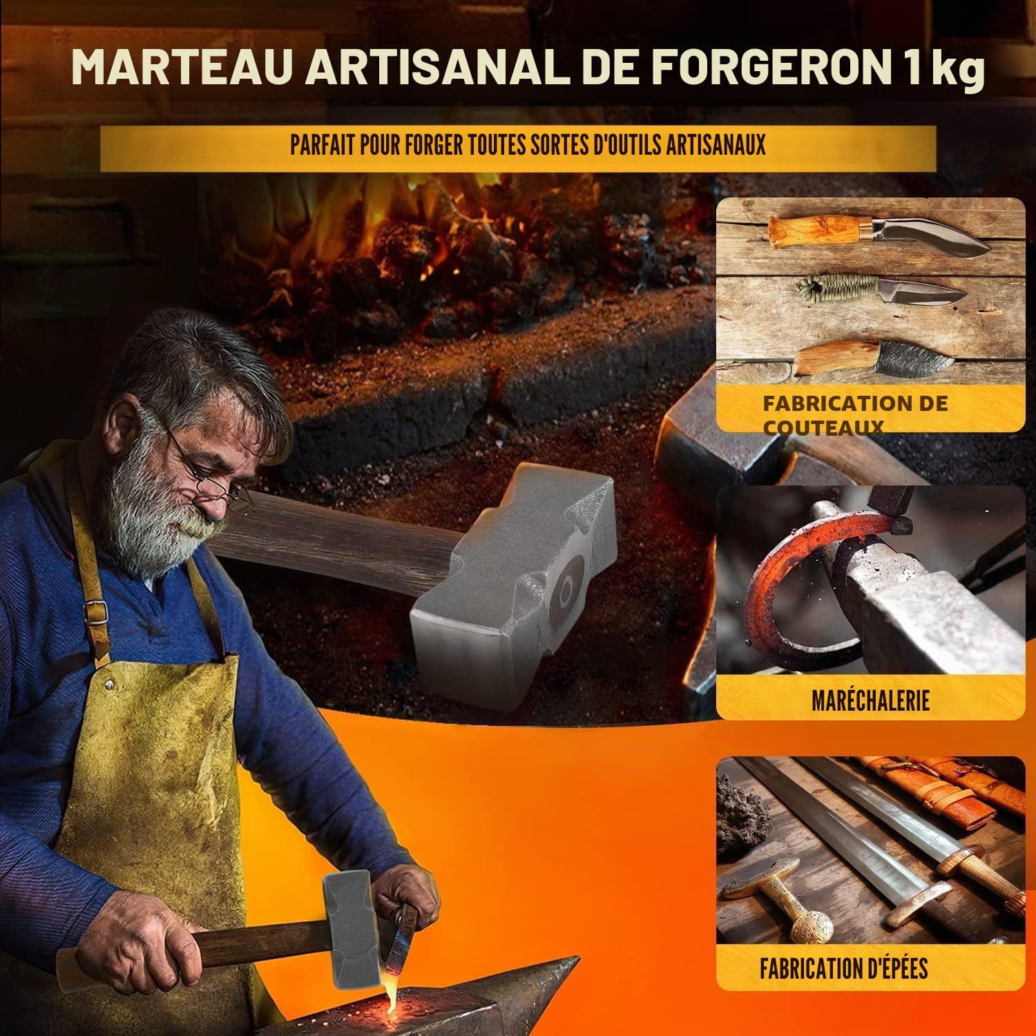 Marteau carré de forge de 2,2 lb avec double surface de frappe - Parfait pour les couteaux à enclume forgeron forgeron