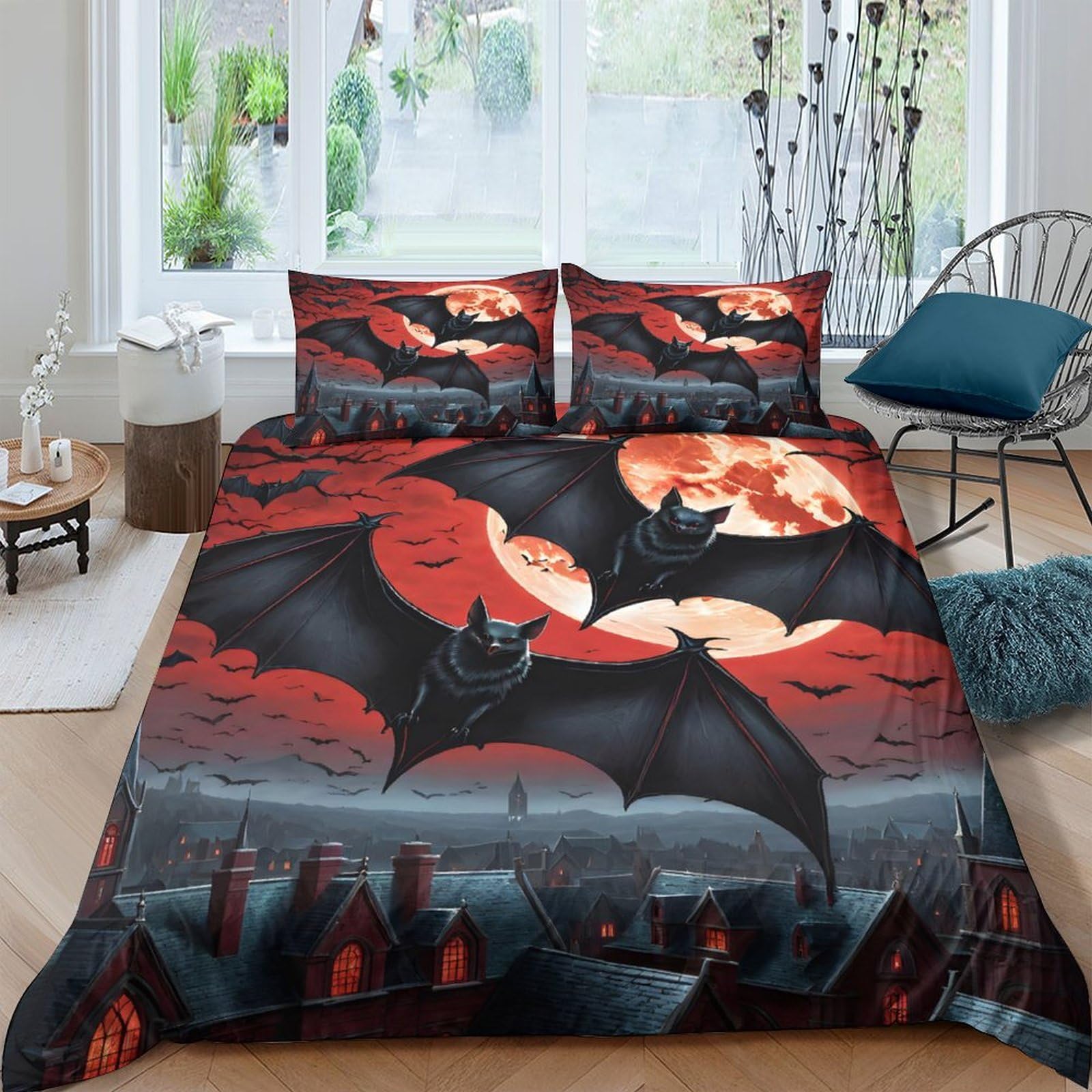 Ctjqhvkz Style-9 3D Printed Dark Bat Moon Fitted Sheet Microfiber Soft Red Night Sky Mattress Cover Bedroom Decor Single（135X200cm）