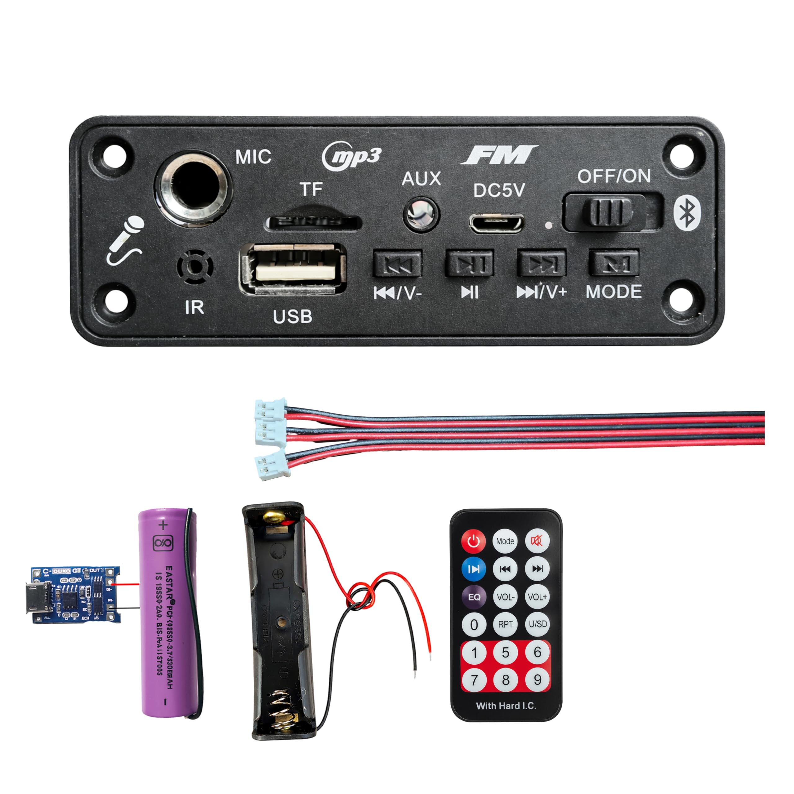Digital Stereo Bluetooth MP3 Player Module Inbuilt Dual Amplifier, with Battery & Charging Module MP3/FM Player with Remote, USB/SD/AUX Support