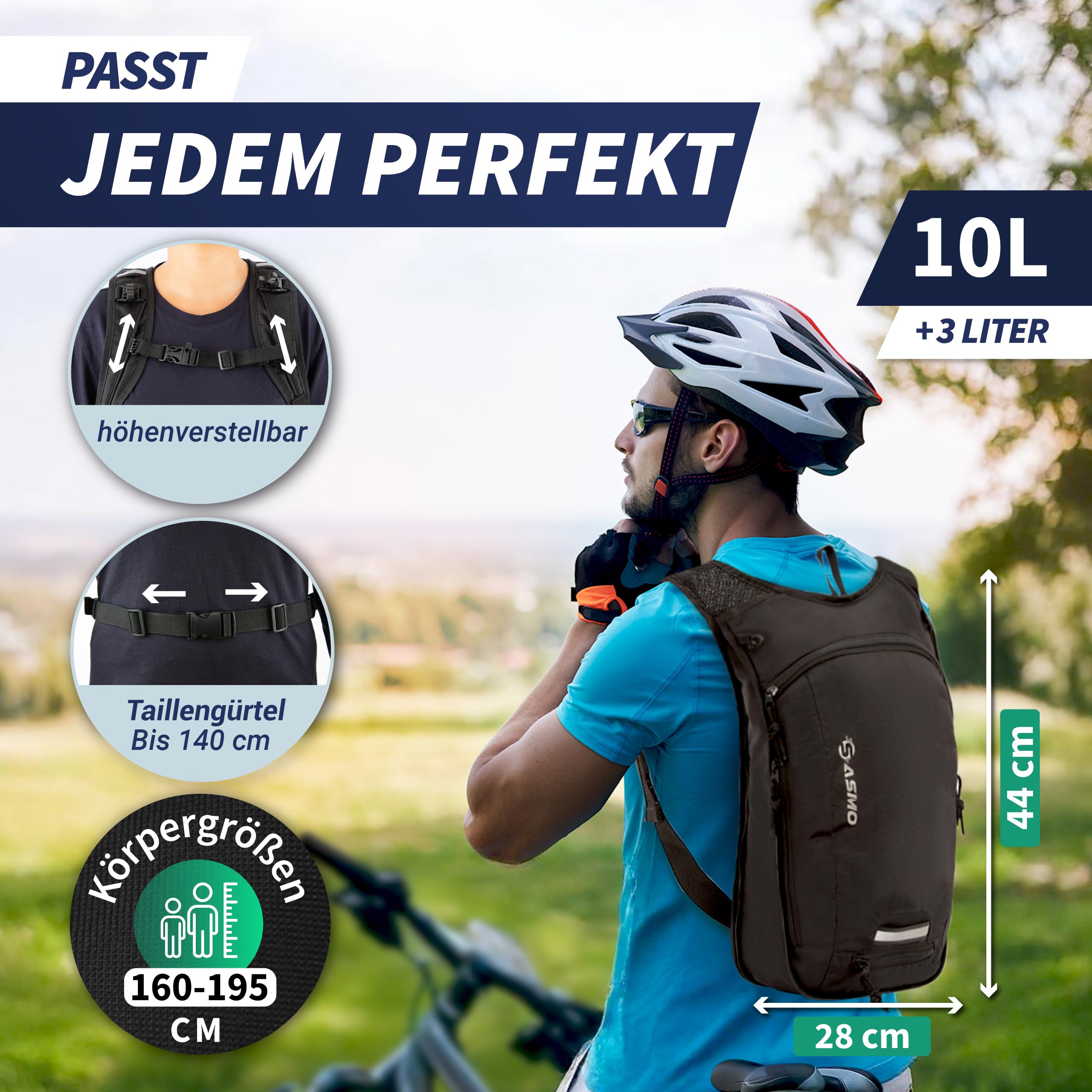 SASMO® Fahrradrucksack & Skirucksack 6L / 8L / 10+3L / 14+3L mit Thermofach, Helmnetz & Regenschutz | Ultraleicht - MTB Rucksack Herren & Damen | Kleiner Fahrradrucksack Herren & Damen