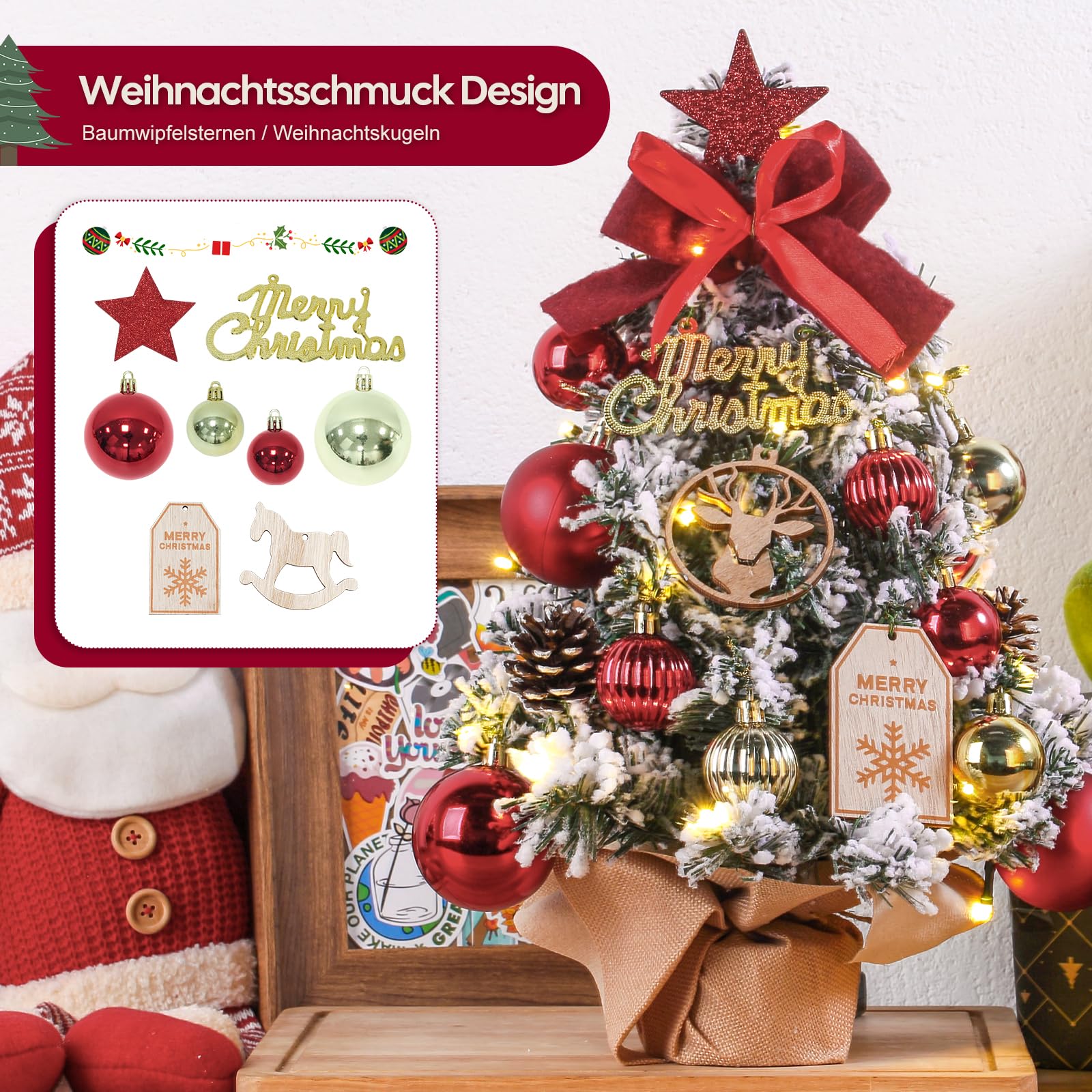 Dewur Mini Weihnachtsbaum Kleiner Beleuchtung LED Tisch künstlich geschmückt für Weihnachten Deko (40cm Rot mit Gold)