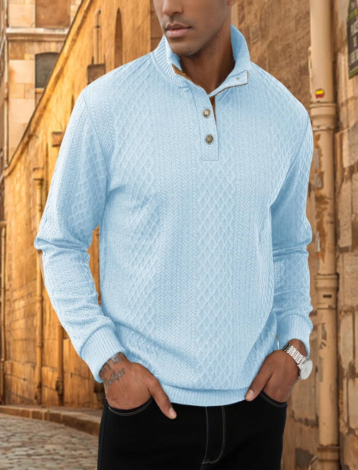 Lexiart Mens Casual Knitted Pullover Sweater Long Sleeve Stand Collar Vintage Button Sweaters with Elbow Patches - Image 2