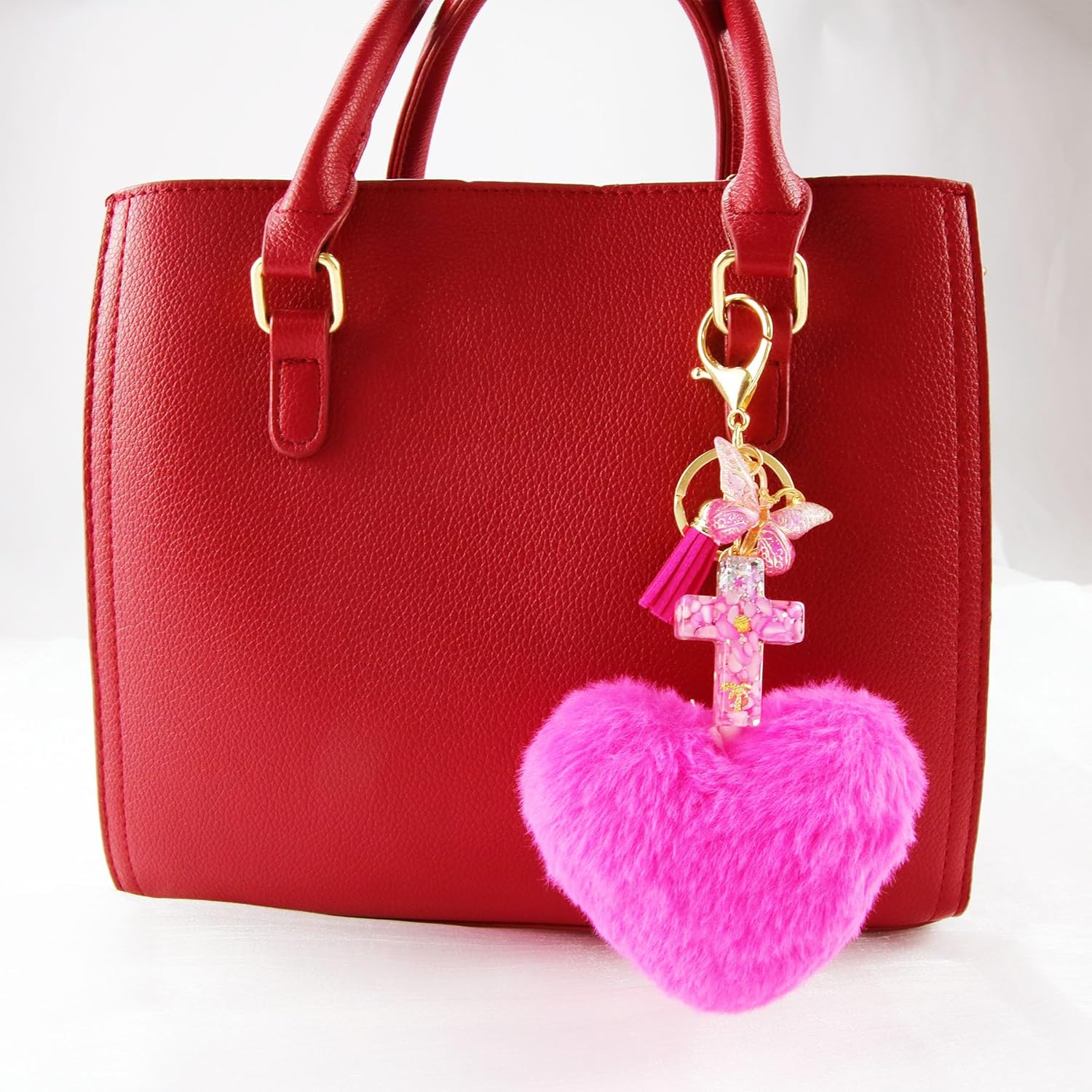 1 Pack Heart Pom Pom Keychain with Pink Rhinestone Butterfly Tassel Charms Pom Fluffy Key Ring for Women Bag Key - Image 5