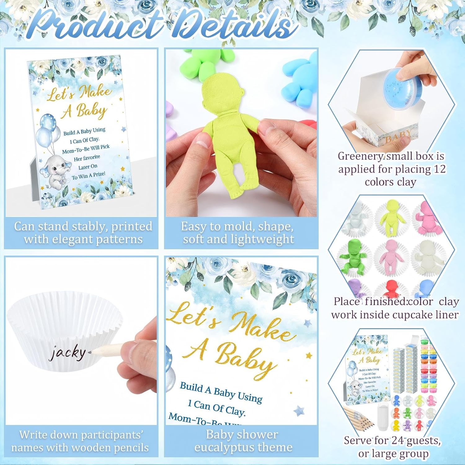 Blosssound Blue Elephant Funny Baby Shower Games Decorations Let's Make a Baby Clay Game Sign Set 24 Clays 24 Pencils Shower Gender Reveal Game Activities Adults Boys Girls image 3